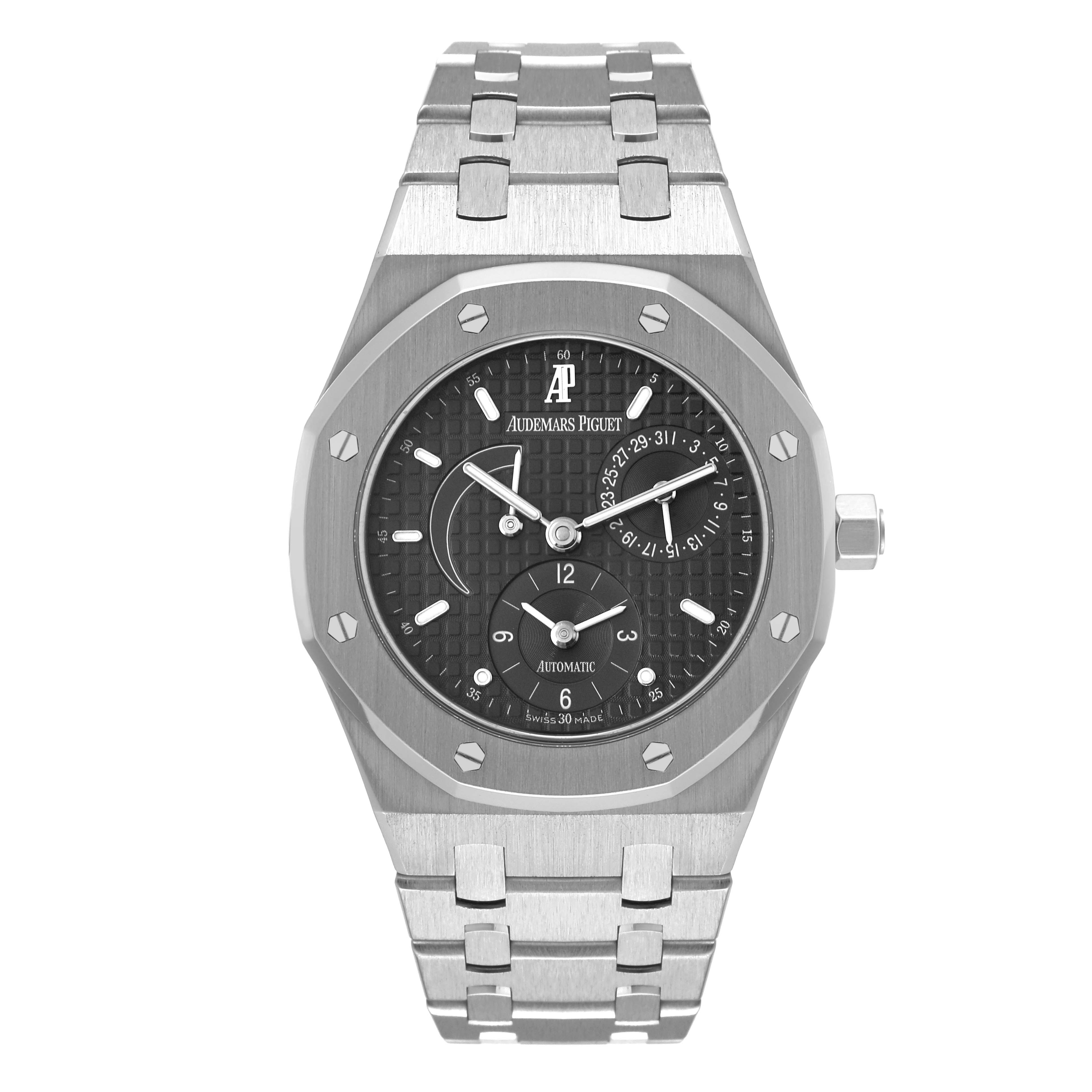 The image shows a front view of an Audemars Piguet Royal Oak 25730ST Men's Stainless Steel Black Dial 25730ST Men's Stainless Steel Black Dial watch, displaying the case, dial, hands, and bracelet.