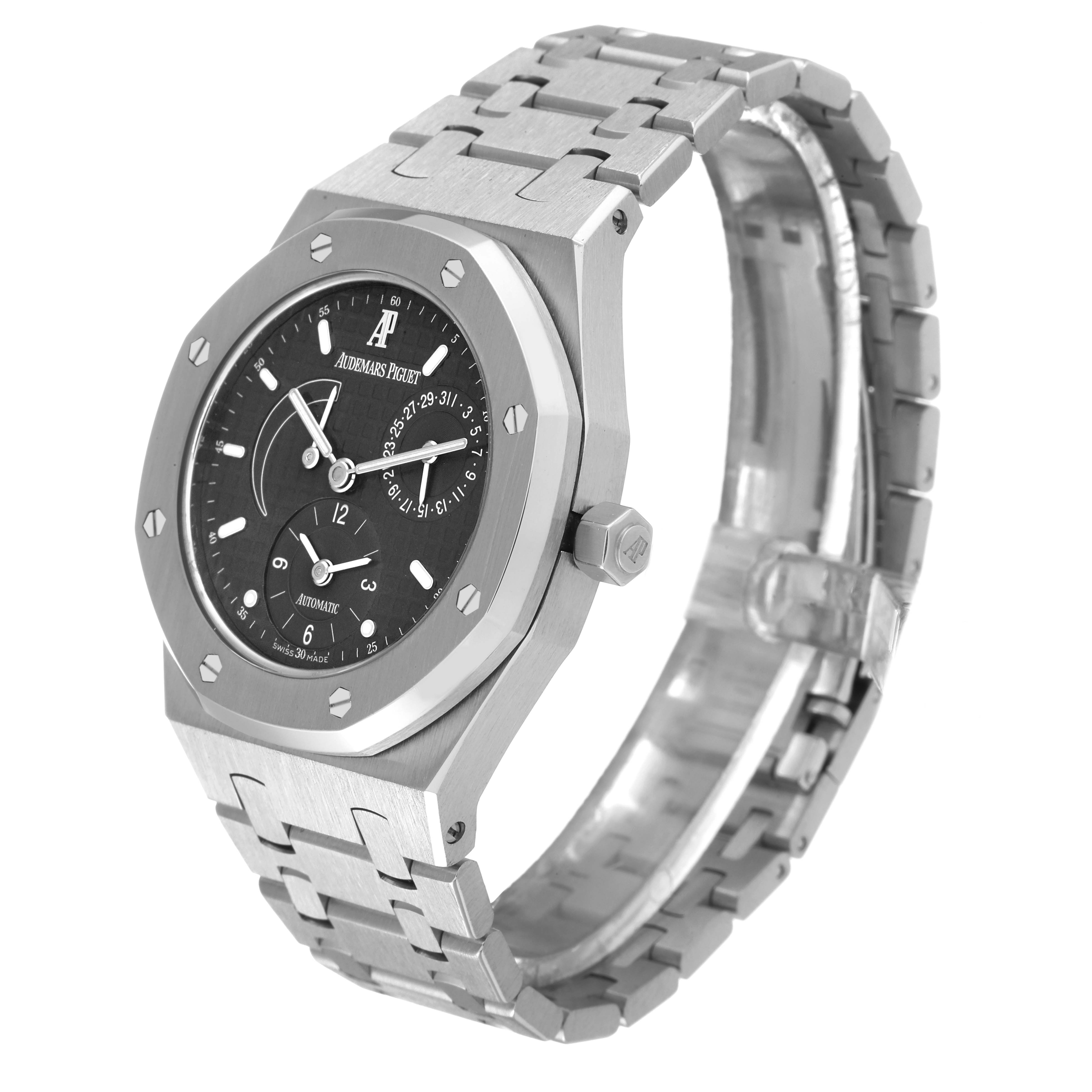 The image shows a Royal Oak model by Audemars Piguet from a three-quarter angle, displaying the watch face, bezel, and bracelet.