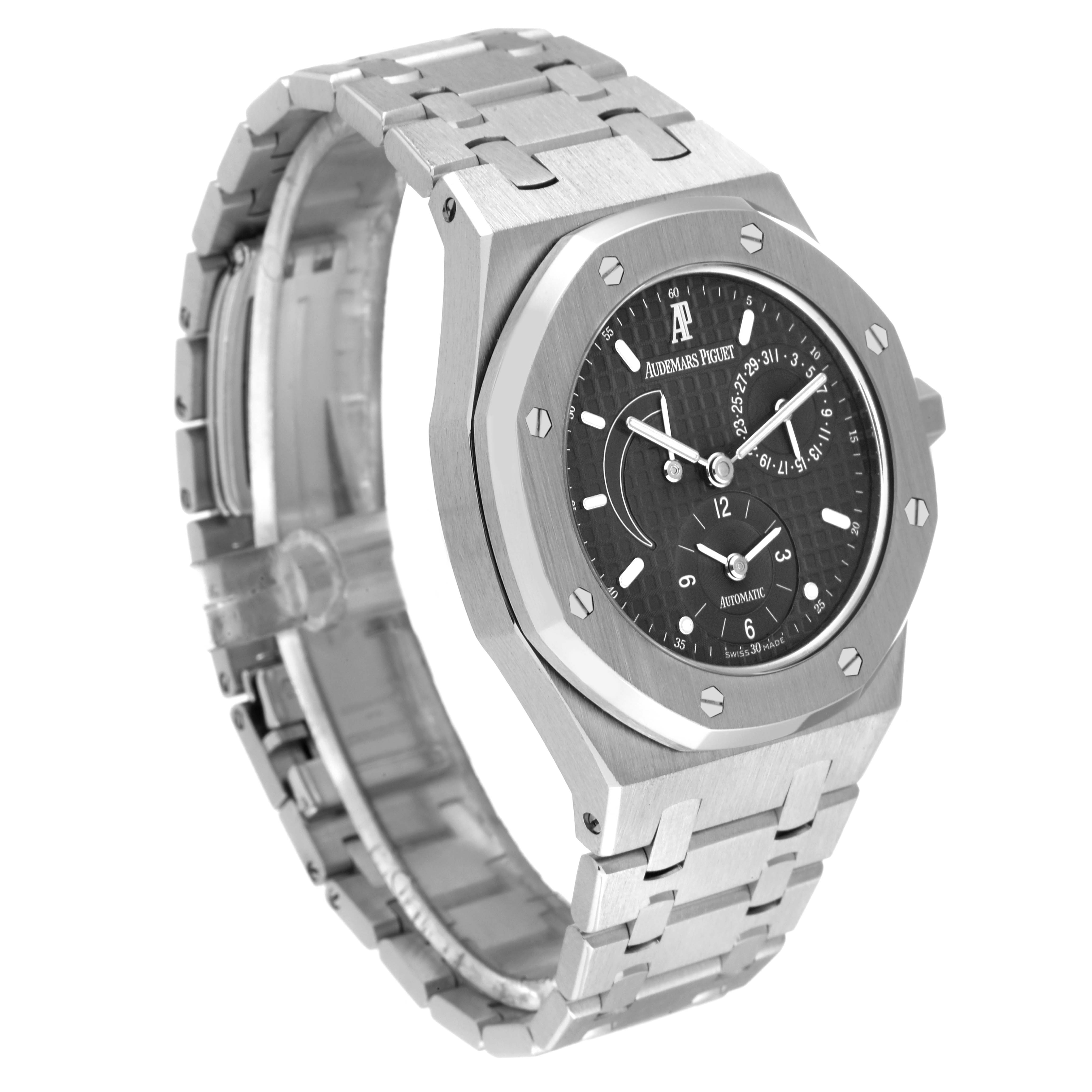 This image shows a Royal Oak model by Audemars Piguet at a three-quarter angle, highlighting the watch face, bezel, and bracelet.