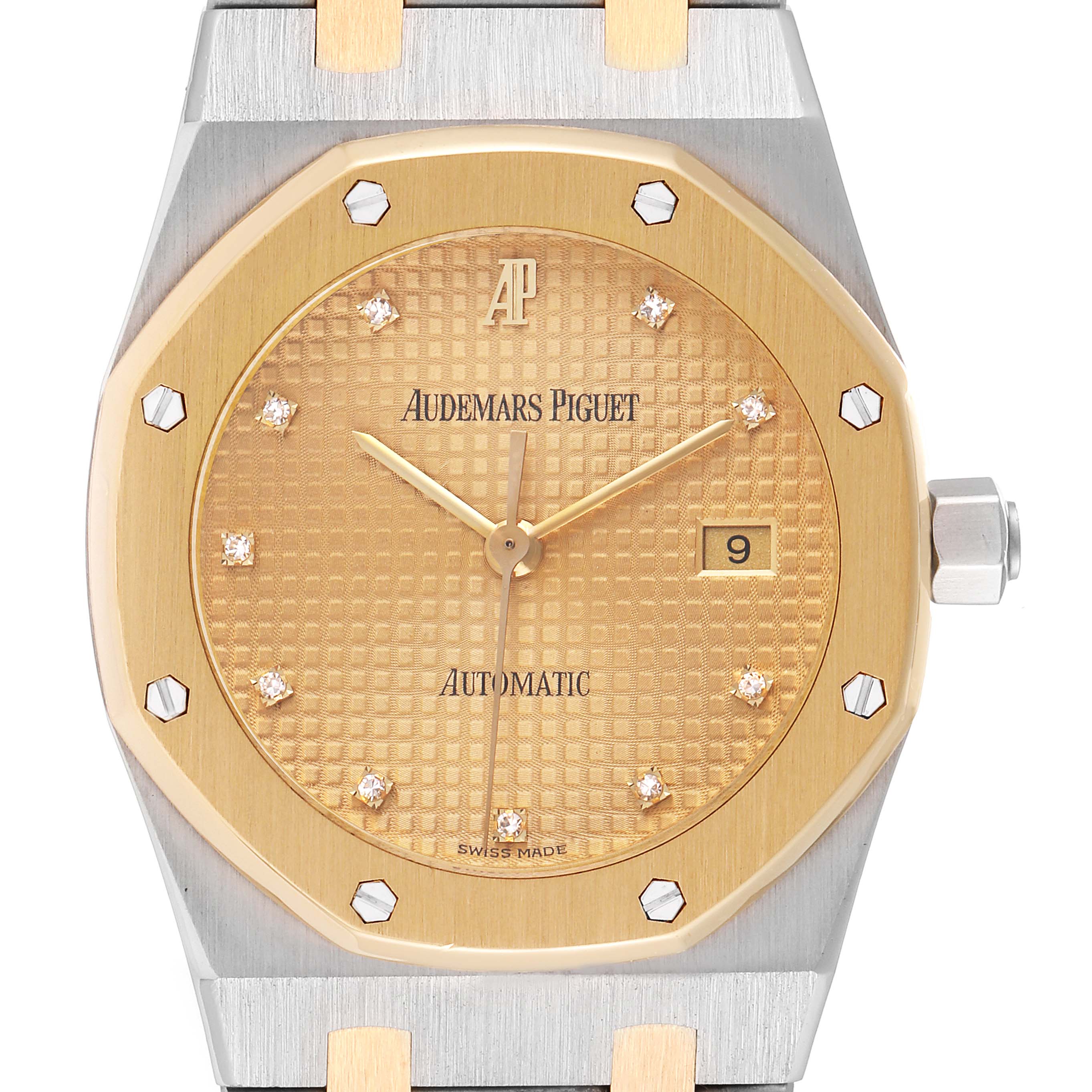 This image shows a close-up of the Audemars Piguet Royal Oak 15000SA-O-0789SA Men's Steel and Gold (two tone) Champagne Dial 15000SA-O-0789SA Men's Steel and Gold (two tone) Champagne Dial watch, highlighting its face, bezel, crown, and hour markers.