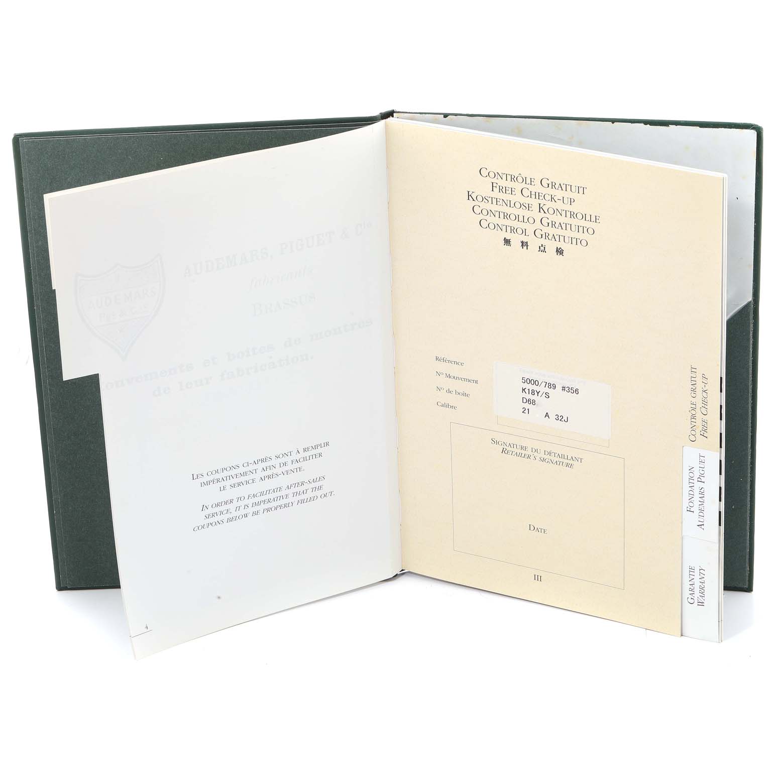 The image shows the opened documentation booklet for the Audemars Piguet Royal Oak 15000SA-O-0789SA Men's Steel and Gold (two tone) Champagne Dial 15000SA-O-0789SA Men's Steel and Gold (two tone) Champagne Dial model, detailing warranty and service information.