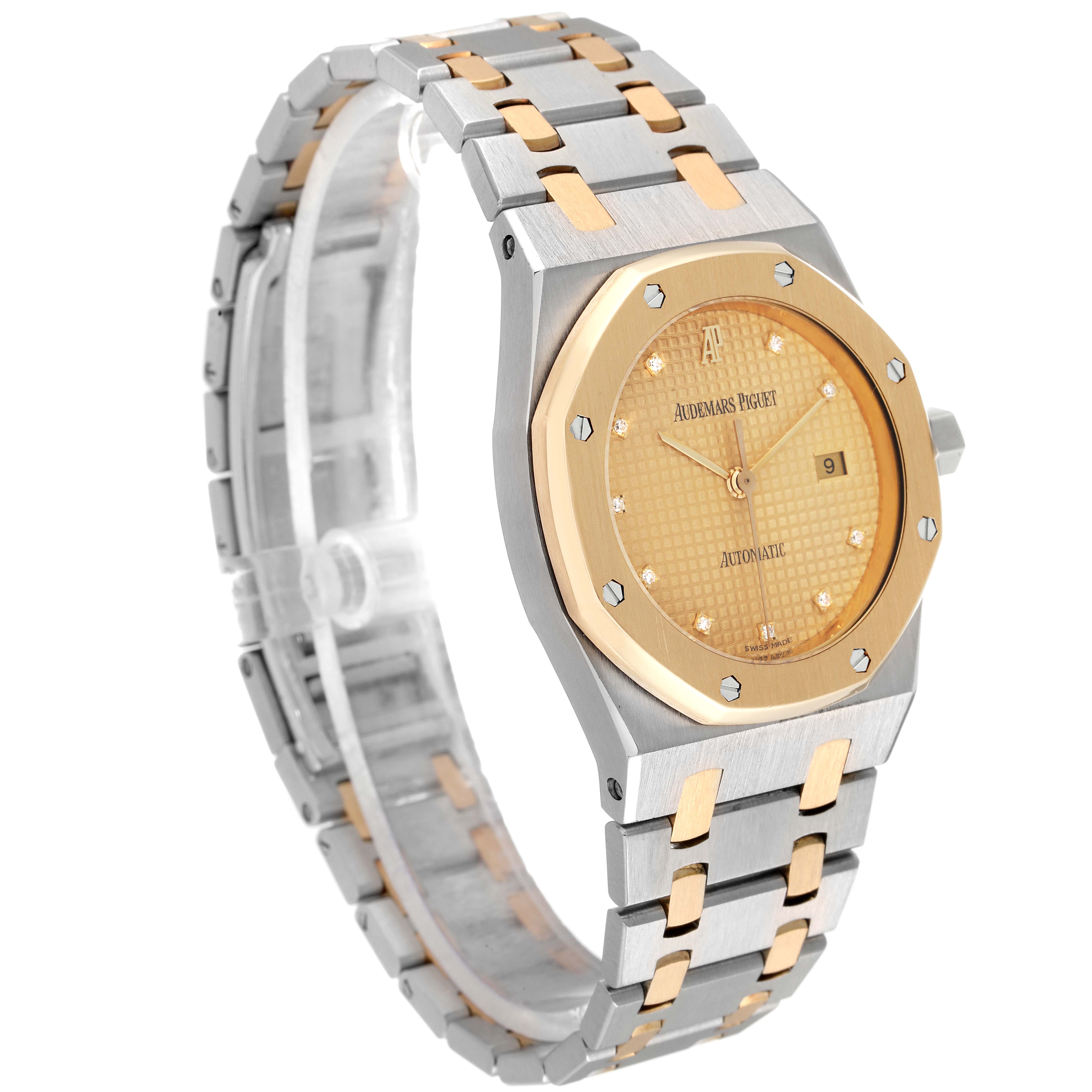 This image shows a side view of the Audemars Piguet Royal Oak 15000SA-O-0789SA Men's Steel and Gold (two tone) Champagne Dial 15000SA-O-0789SA Men's Steel and Gold (two tone) Champagne Dial watch, highlighting its two-tone bracelet and octagonal bezel.