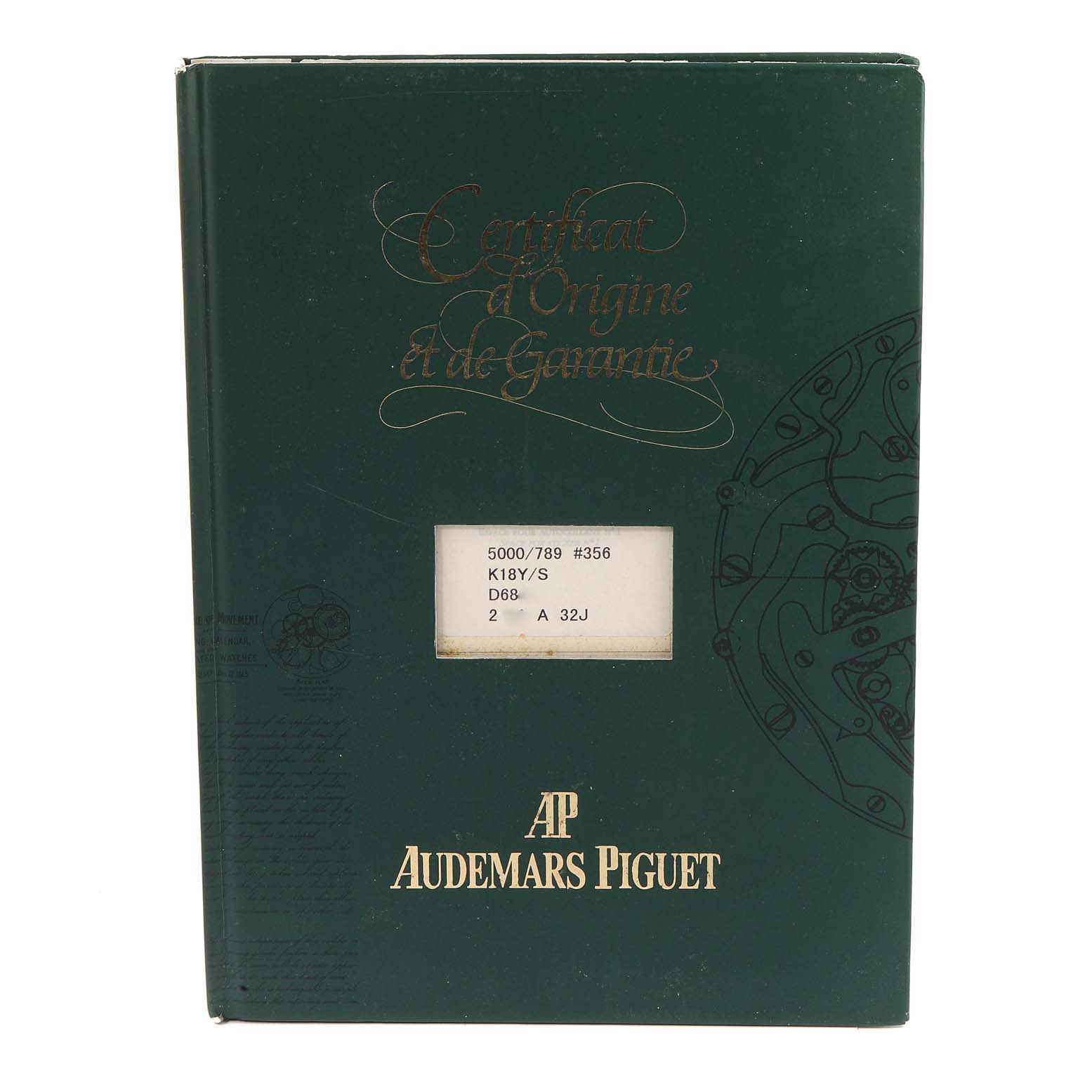 The image shows the certificate of origin and warranty for a Royal Oak by Audemars Piguet from a front angle.