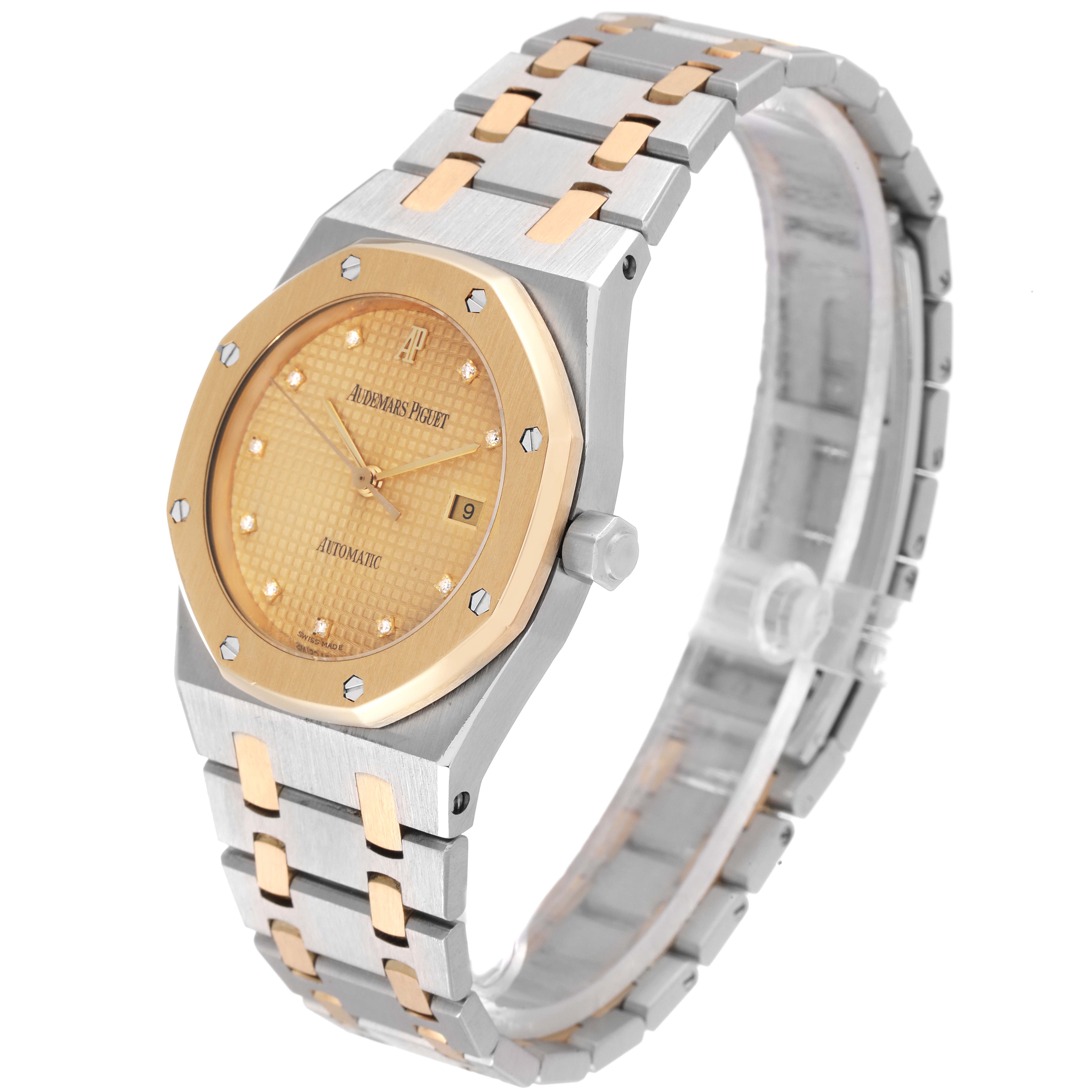 The Audemars Piguet Royal Oak 15000SA-O-0789SA Men's Steel and Gold (two tone) Champagne Dial 15000SA-O-0789SA Men's Steel and Gold (two tone) Champagne Dial watch is shown at a three-quarter angle, displaying the dial, bezel, crown, and bracelet.