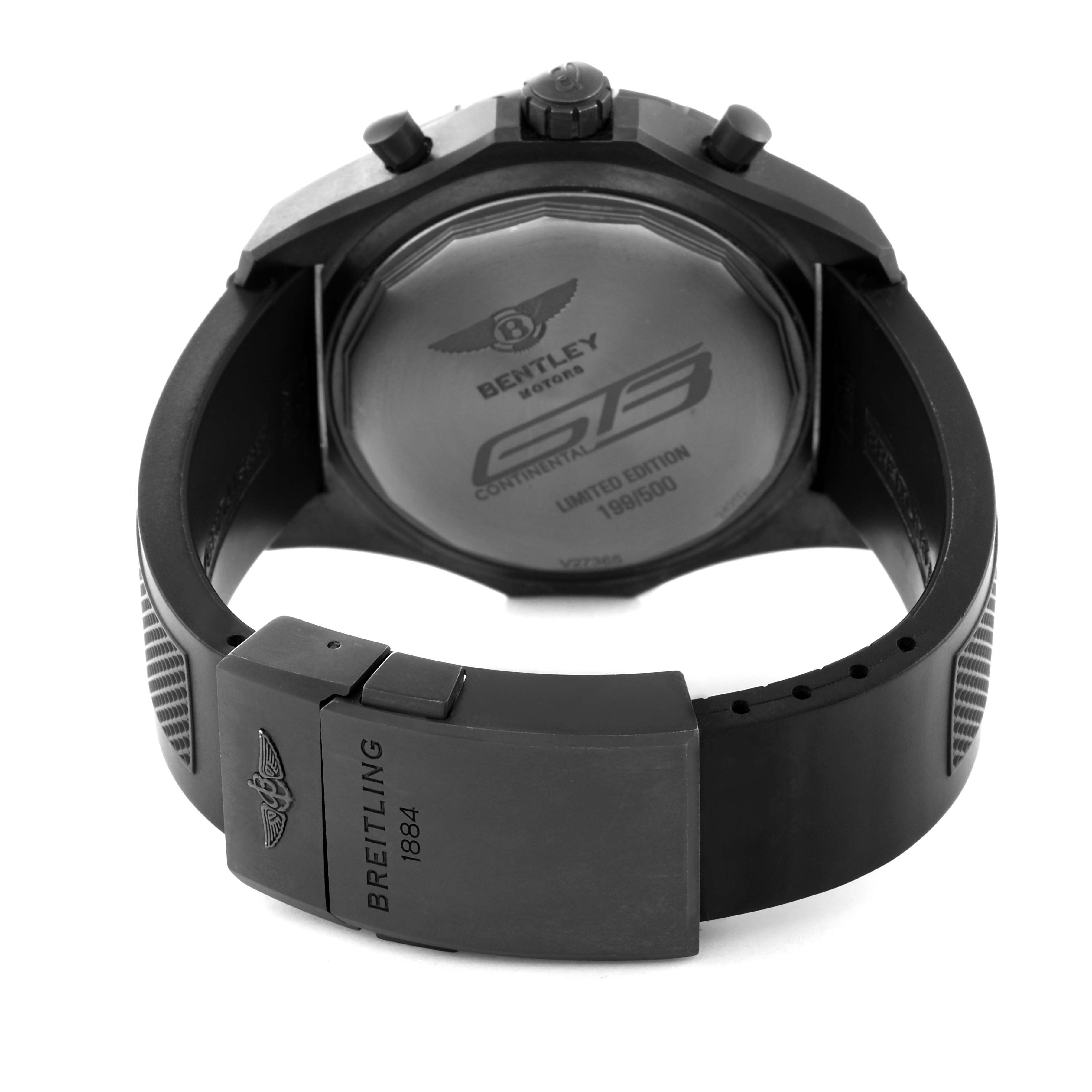 The image shows the back and clasp of a Bentley model Breitling watch, highlighting the limited edition engraving.