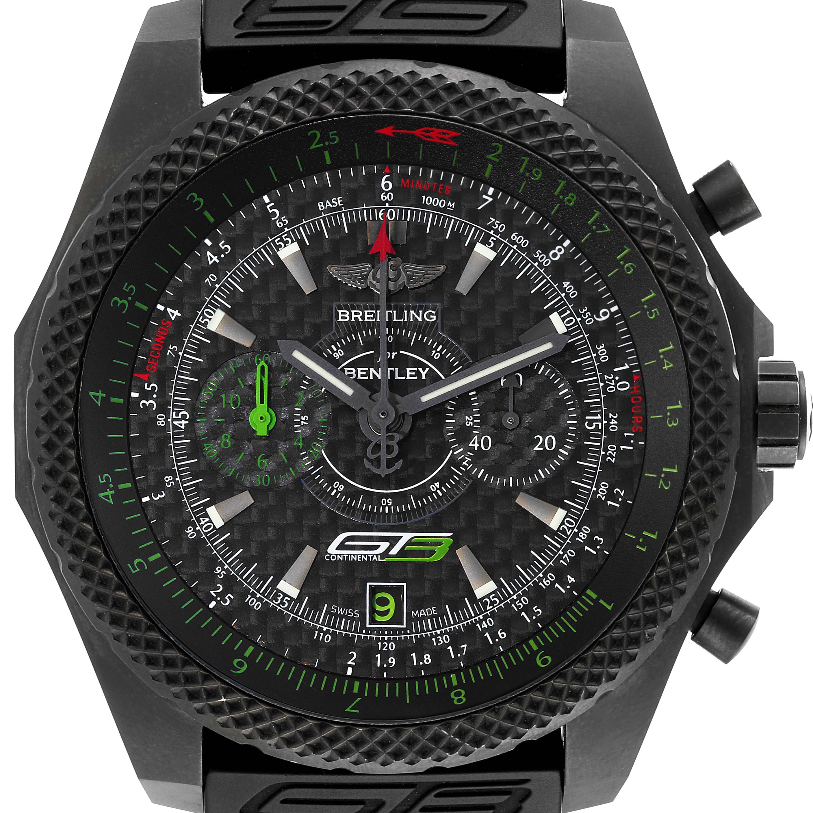The image shows a front view of a Bentley model by Breitling, highlighting its detailed dial, bezel, and side pushers.