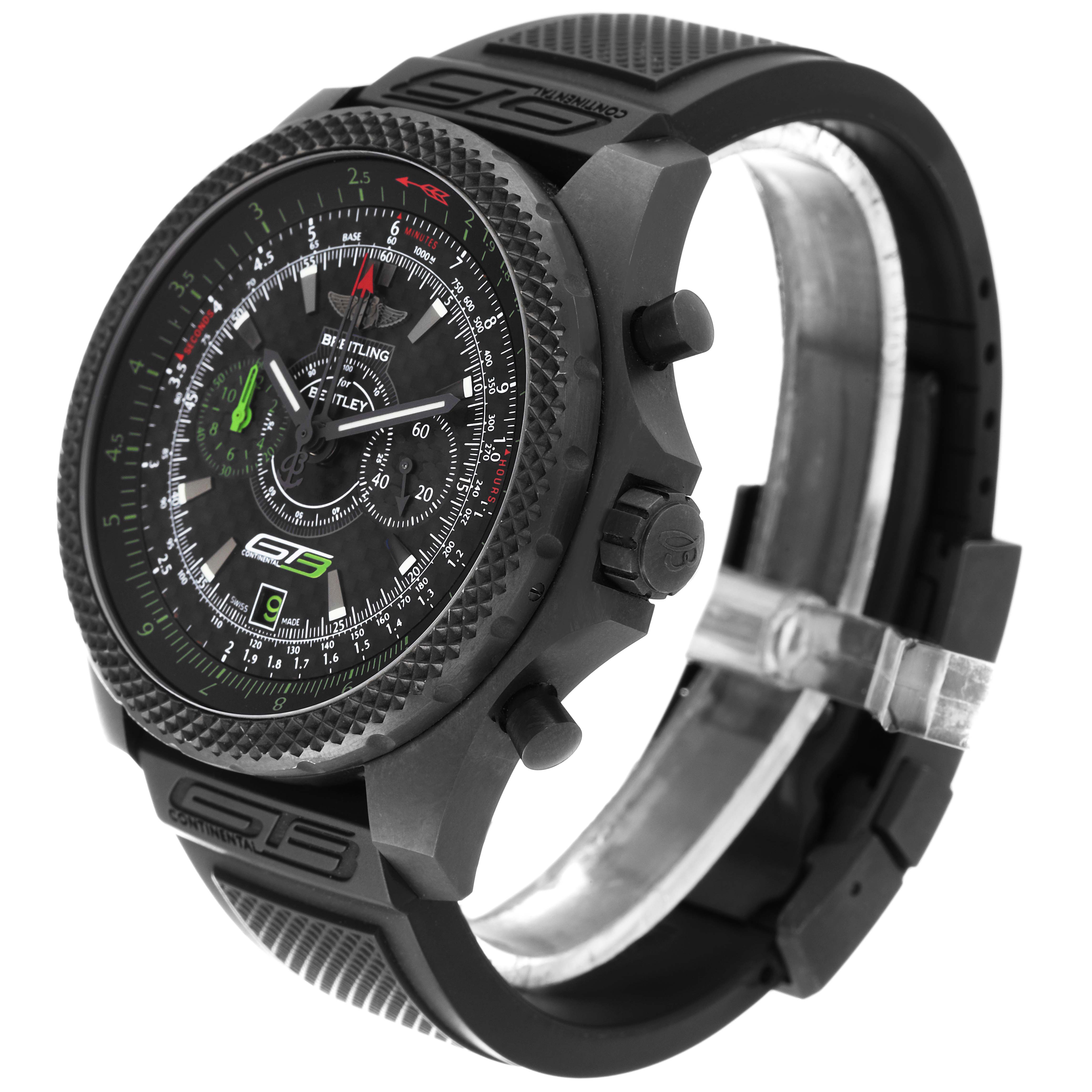 The image shows a Breitling Bentley V27365 Men's Titanium Black Dial V27365 Men's Titanium Black Dial watch at an angle highlighting the face, bezel, crown, and part of the strap.