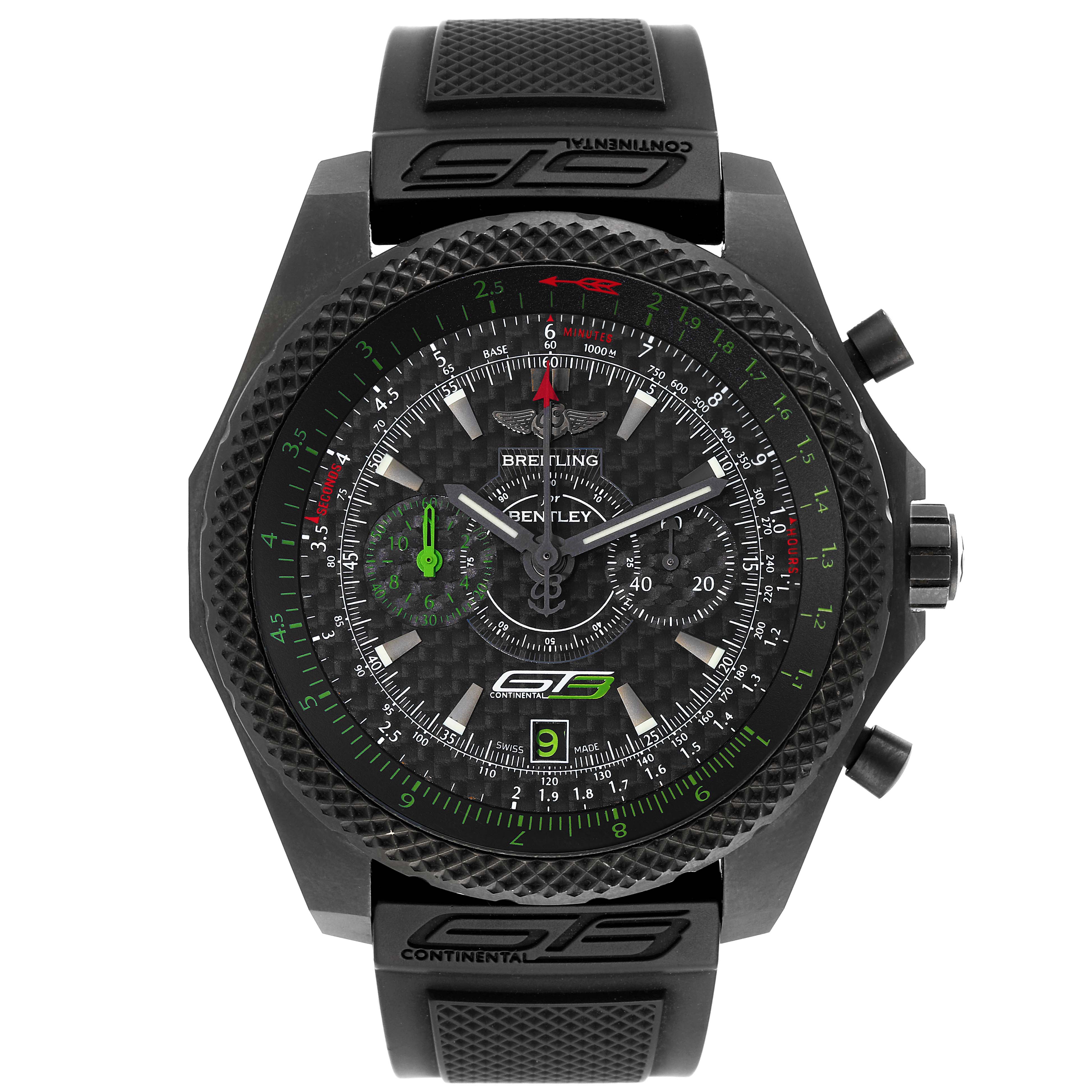 The image shows a front view of the Breitling Bentley V27365 Men's Titanium Black Dial V27365 Men's Titanium Black Dial model watch, including its face, bezel, and rubber strap.