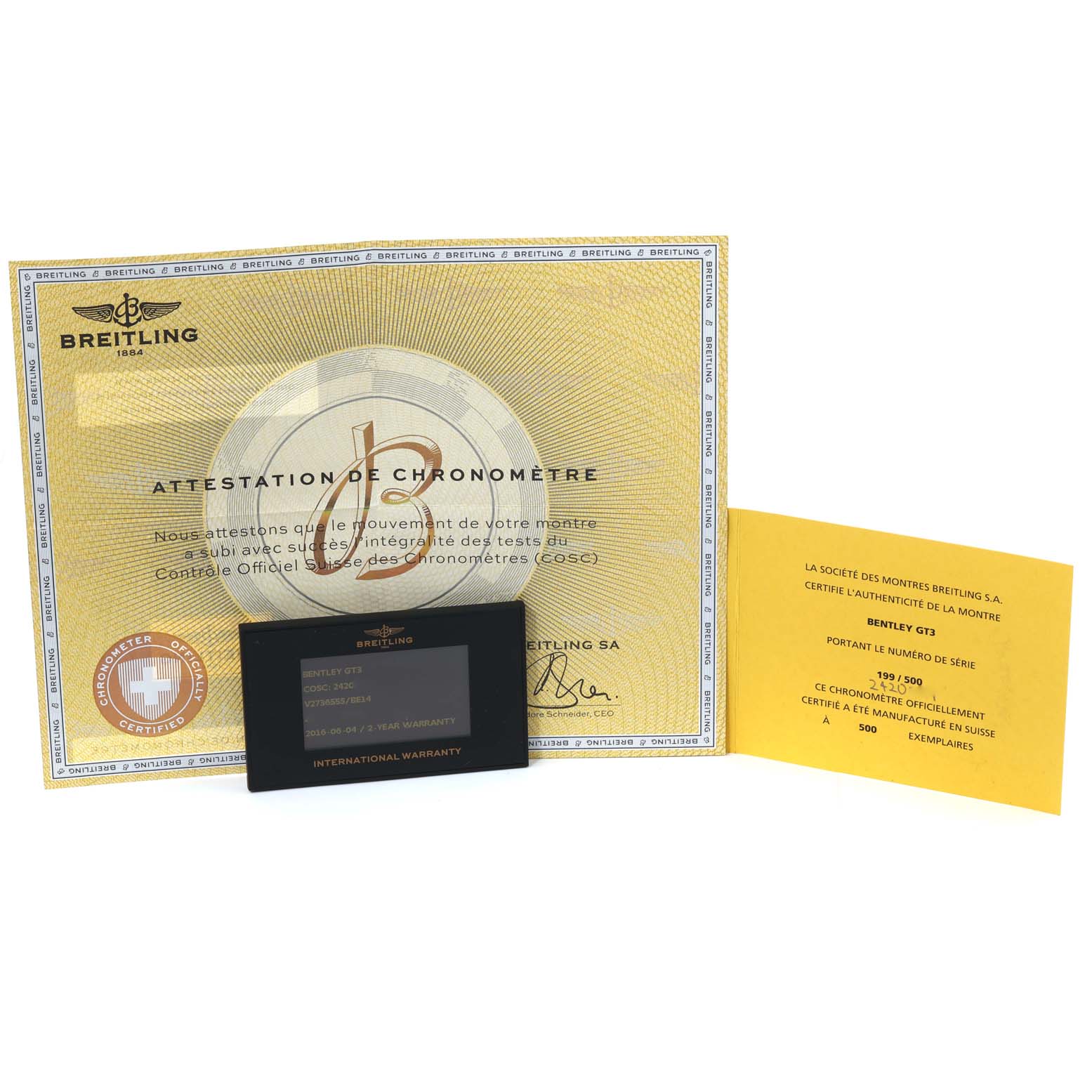 The image shows the Breitling Bentley V27365 Men's Titanium Black Dial V27365 Men's Titanium Black Dial model's certificate of authenticity, chronometer attestation, and international warranty card.