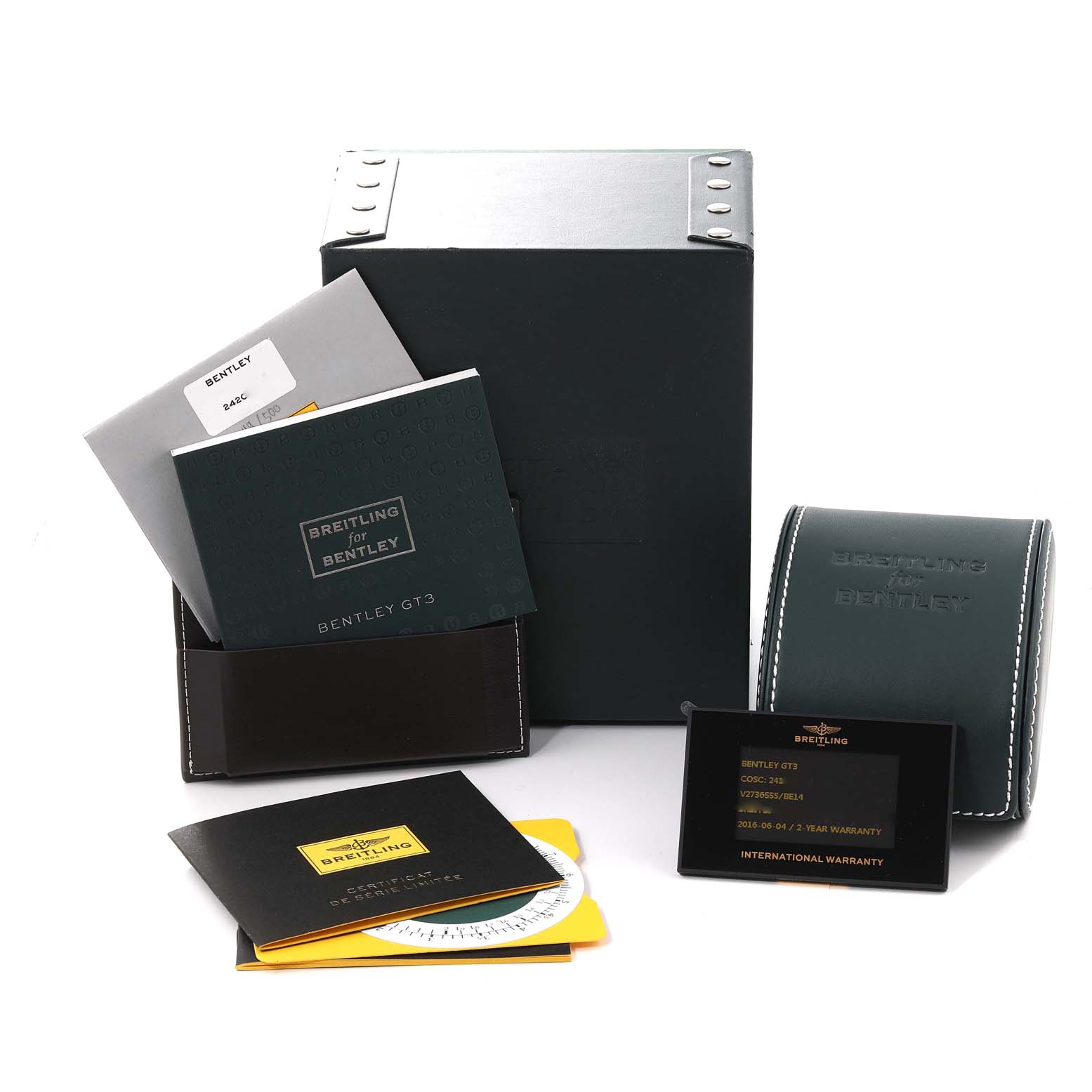 The image shows the packaging, warranty cards, manuals, and travel case of the Breitling Bentley V27365 Men's Titanium Black Dial V27365 Men's Titanium Black Dial GT3 watch.