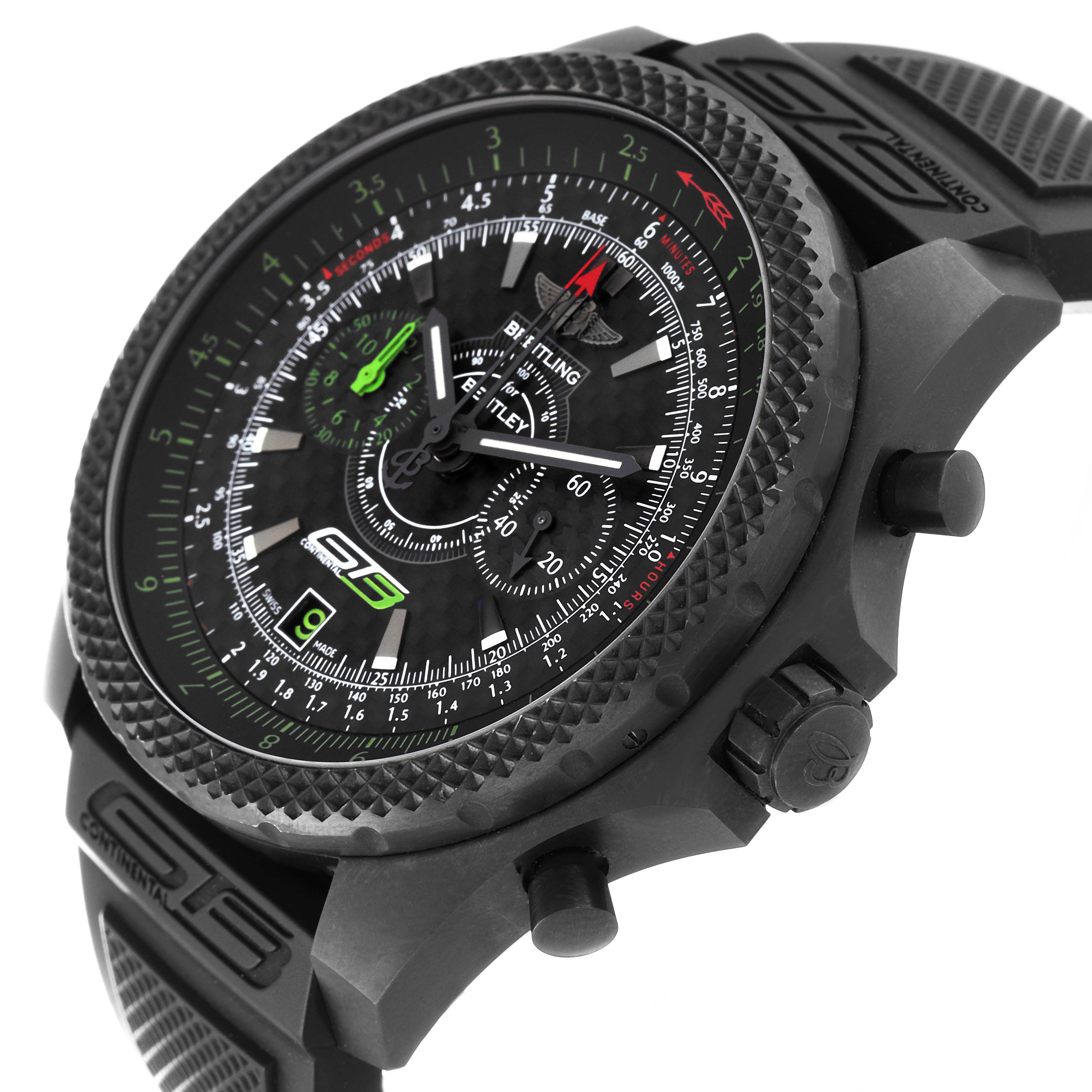 The image shows a close-up angle of the dial and side buttons of a Breitling Bentley V27365 Men's Titanium Black Dial V27365 Men's Titanium Black Dial model watch.