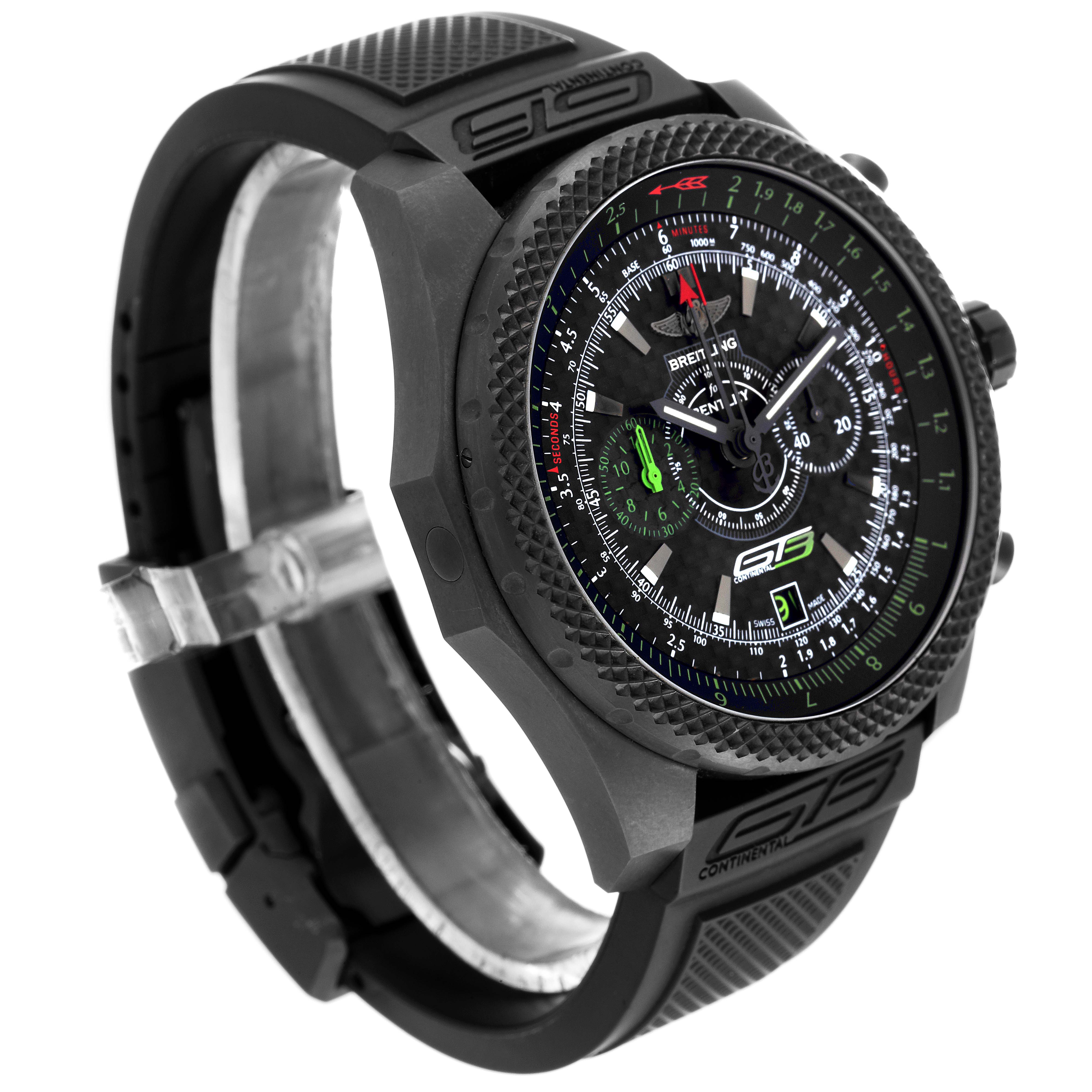 The image shows a side angle of the Breitling Bentley V27365 Men's Titanium Black Dial V27365 Men's Titanium Black Dial model watch, highlighting its face, bezel, and rubber strap.