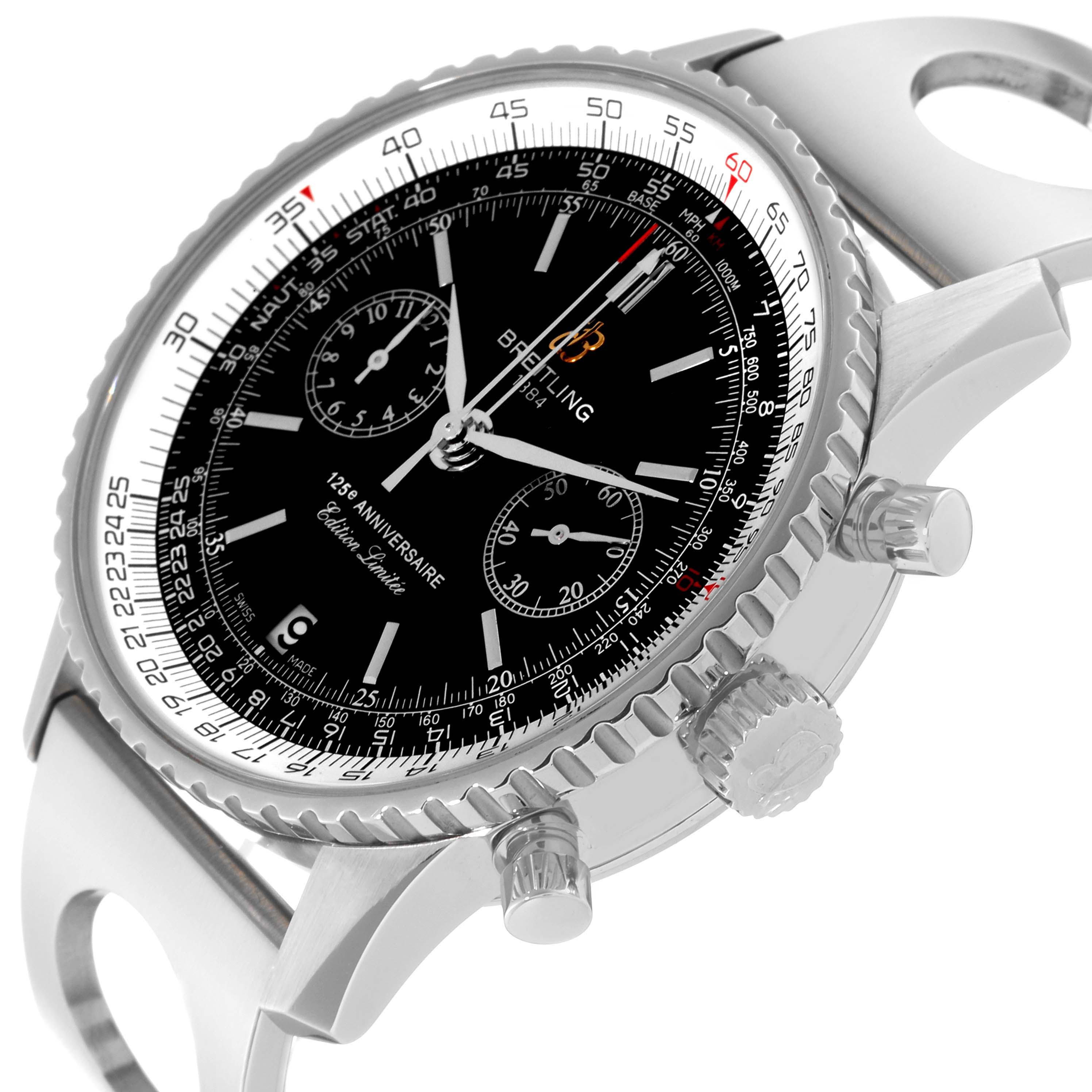 The image shows a close-up side angle of a Breitling Limited Series model watch, featuring the crown, chronograph buttons, and a detailed dial.