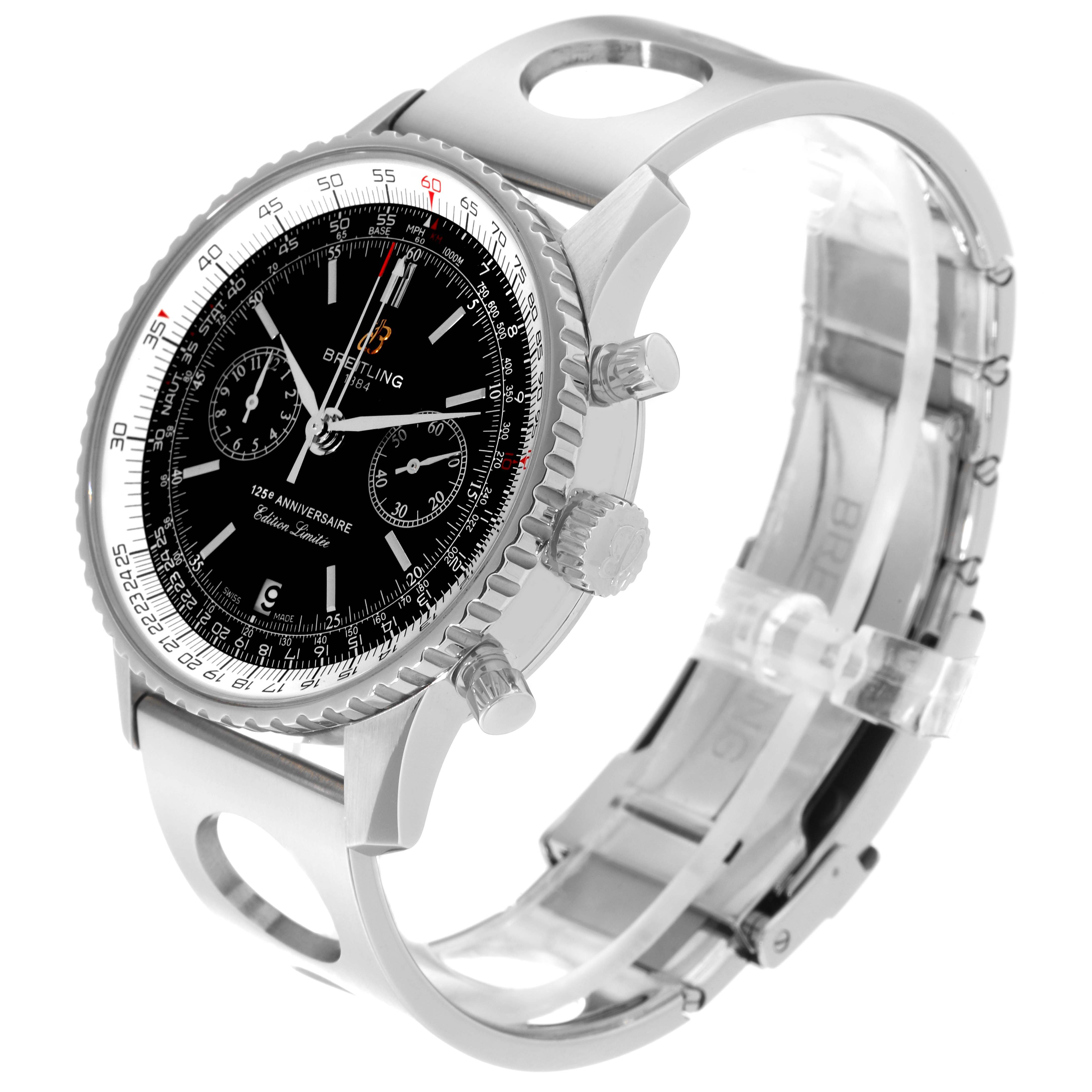 Side-angle view of the Breitling Limited Series watch displaying the case, dial, crown, and part of the bracelet.