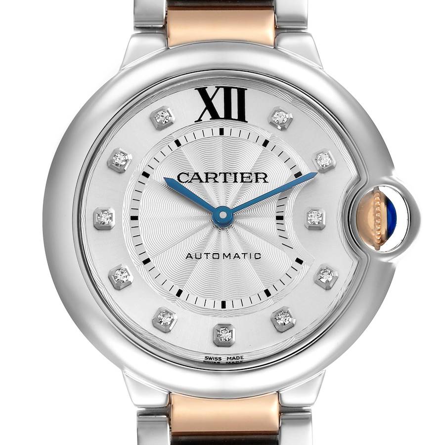 The image shows a front view of the Cartier Ballon Bleu watch, highlighting its dial, crown, and part of the bracelet.