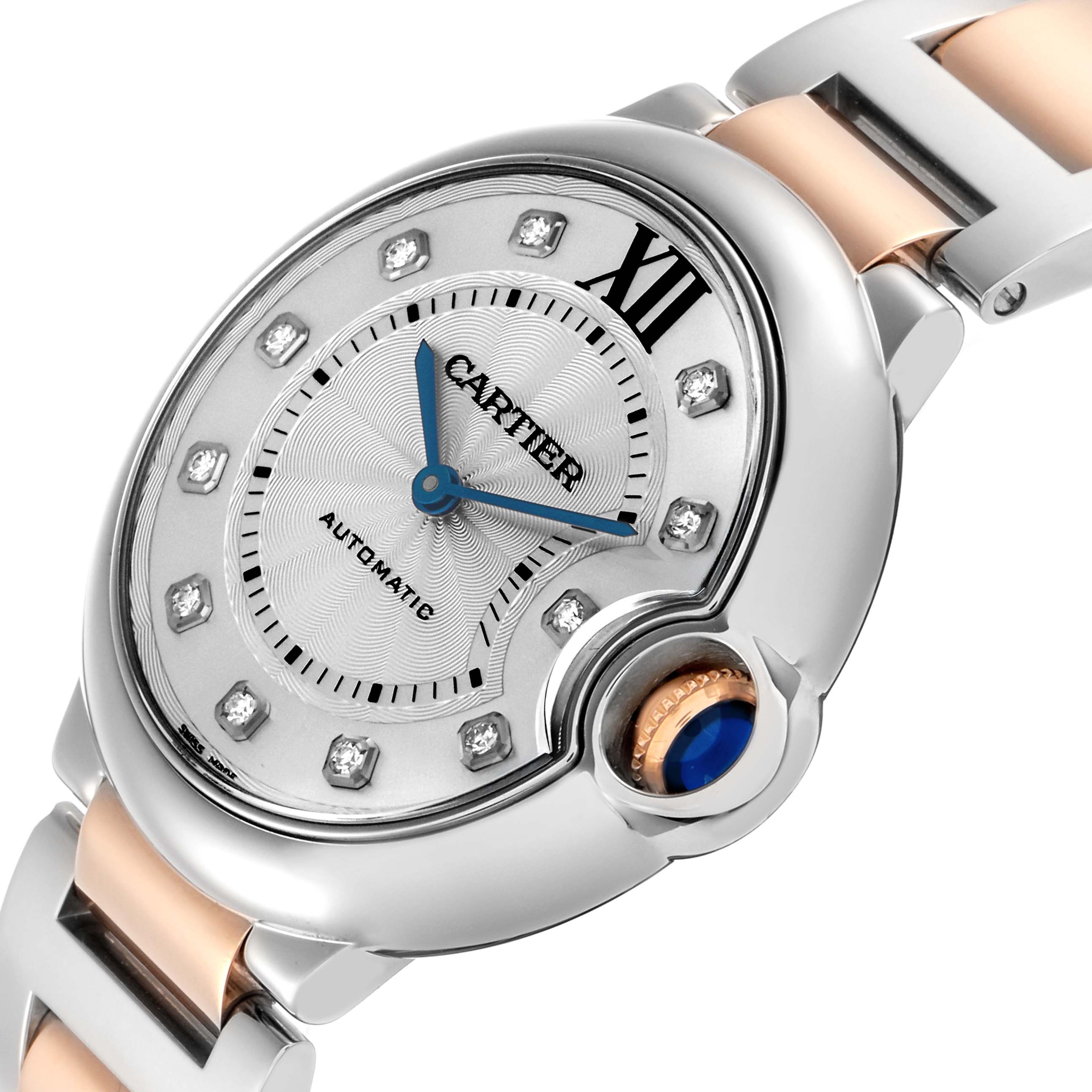 The Cartier Ballon Bleu W3BB0018 Men
s Steel and Gold (two tone) Silver Dial W3BB0018 Men
s Steel and Gold (two tone) Silver Dial watch is shown at a slight angle, highlighting the dial, crown, and part of the bracelet.