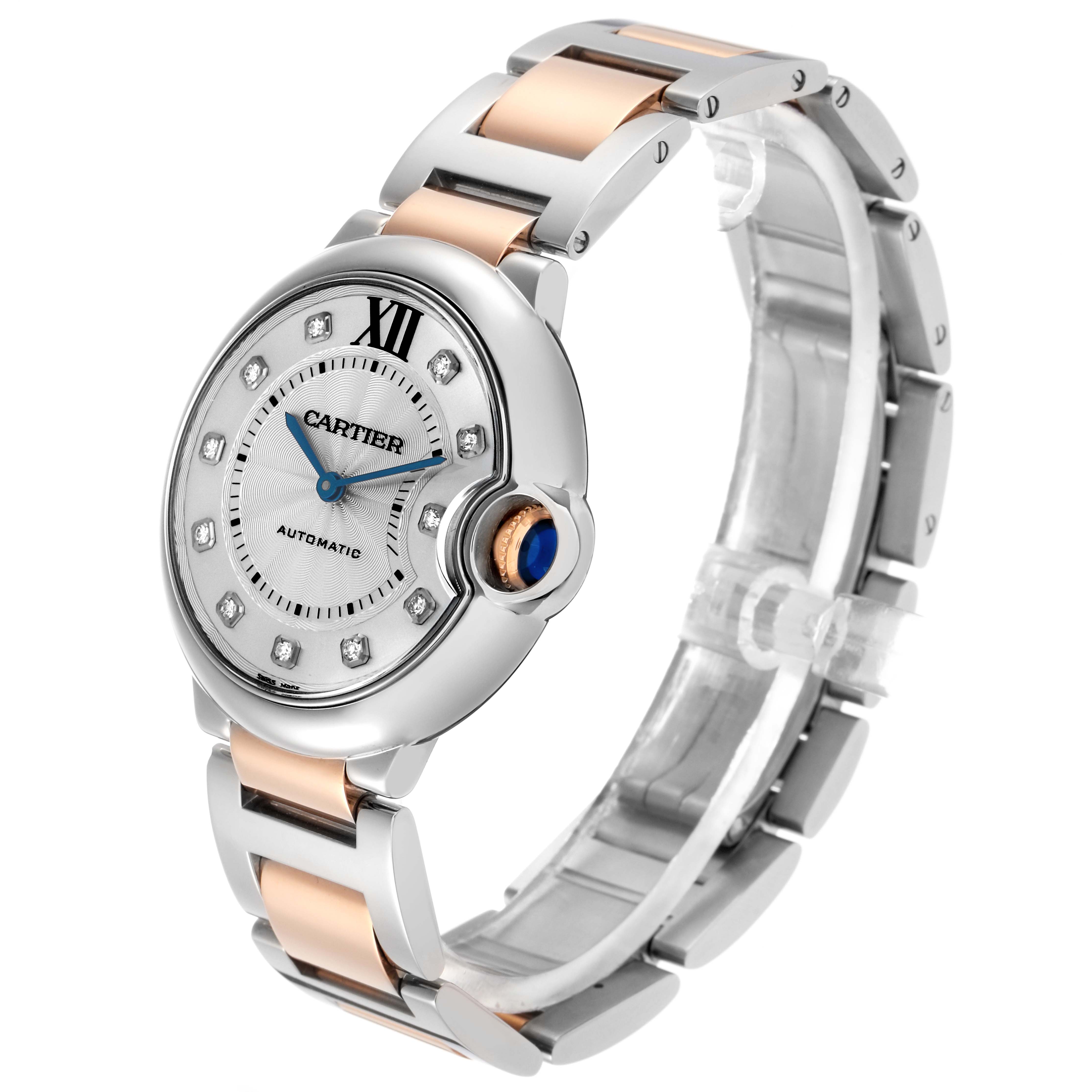 The Cartier Ballon Bleu W3BB0018 Men
s Steel and Gold (two tone) Silver Dial W3BB0018 Men
s Steel and Gold (two tone) Silver Dial watch is shown at a three-quarter angle, highlighting the face, crown, and bracelet.