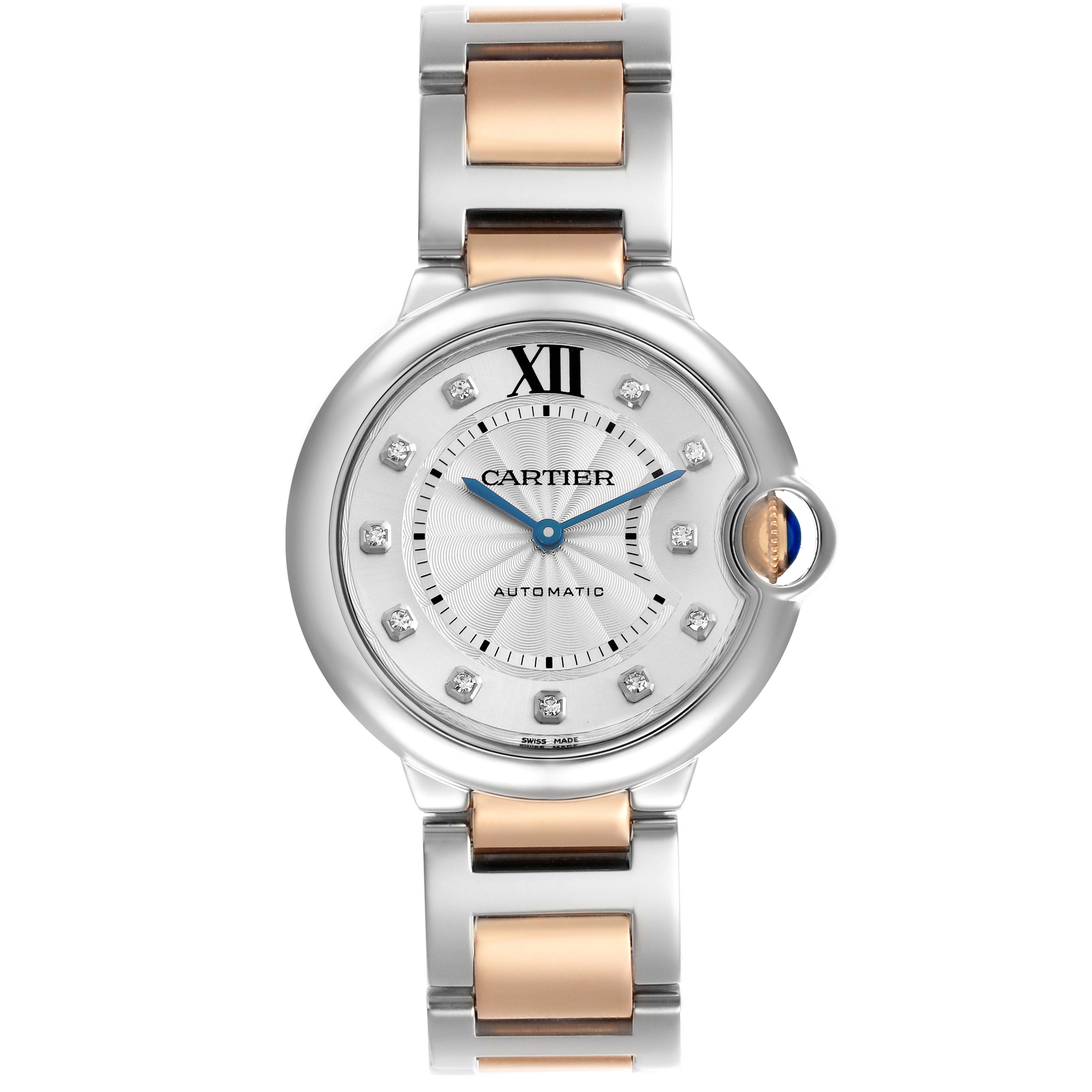 The image shows a front view of the Cartier Ballon Bleu W3BB0018 Men
s Steel and Gold (two tone) Silver Dial W3BB0018 Men
s Steel and Gold (two tone) Silver Dial watch, highlighting the dial, markers, and bracelet.