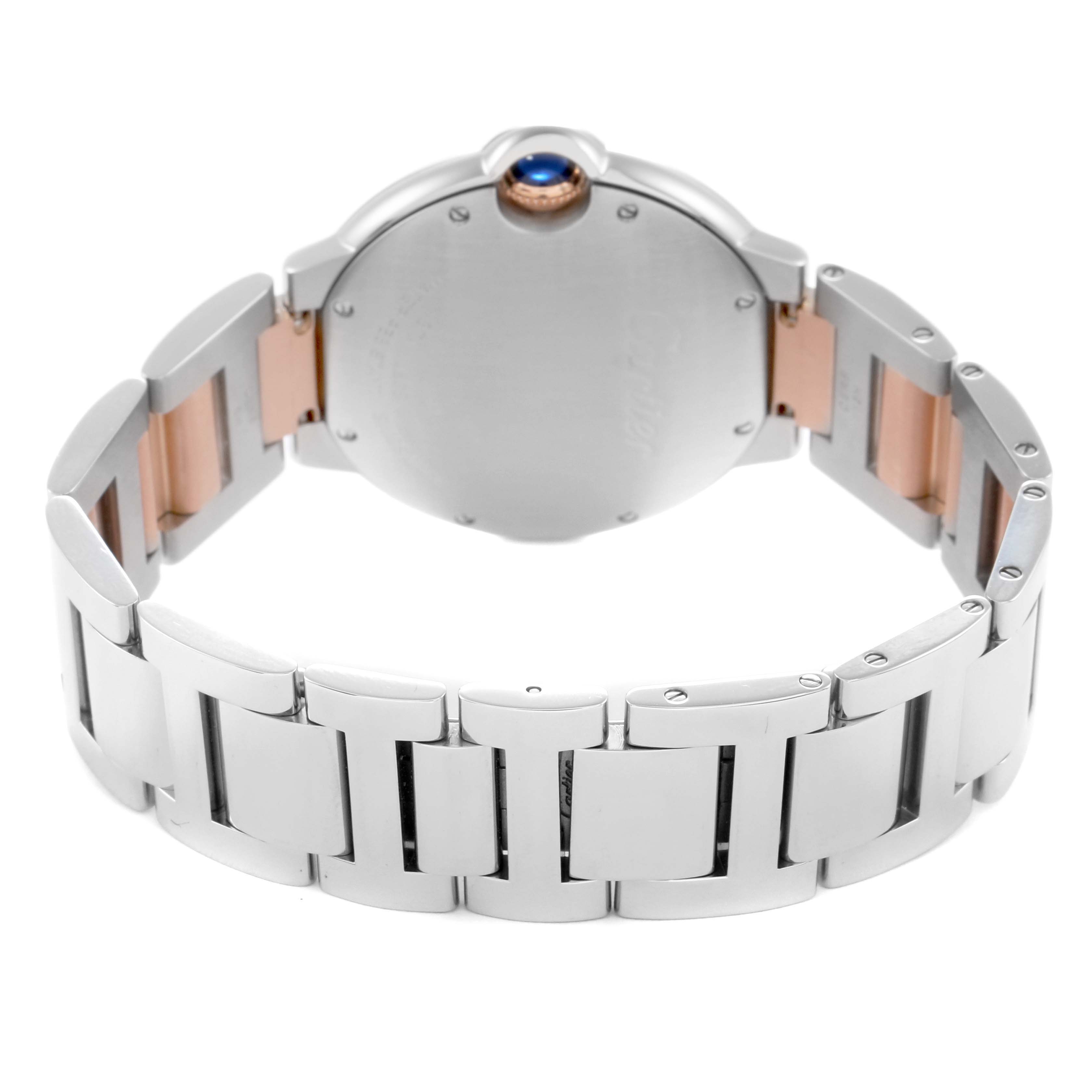 The image shows the back and bracelet of a Cartier Ballon Bleu W3BB0018 Men
s Steel and Gold (two tone) Silver Dial W3BB0018 Men
s Steel and Gold (two tone) Silver Dial watch, highlighting the case back and metal links.