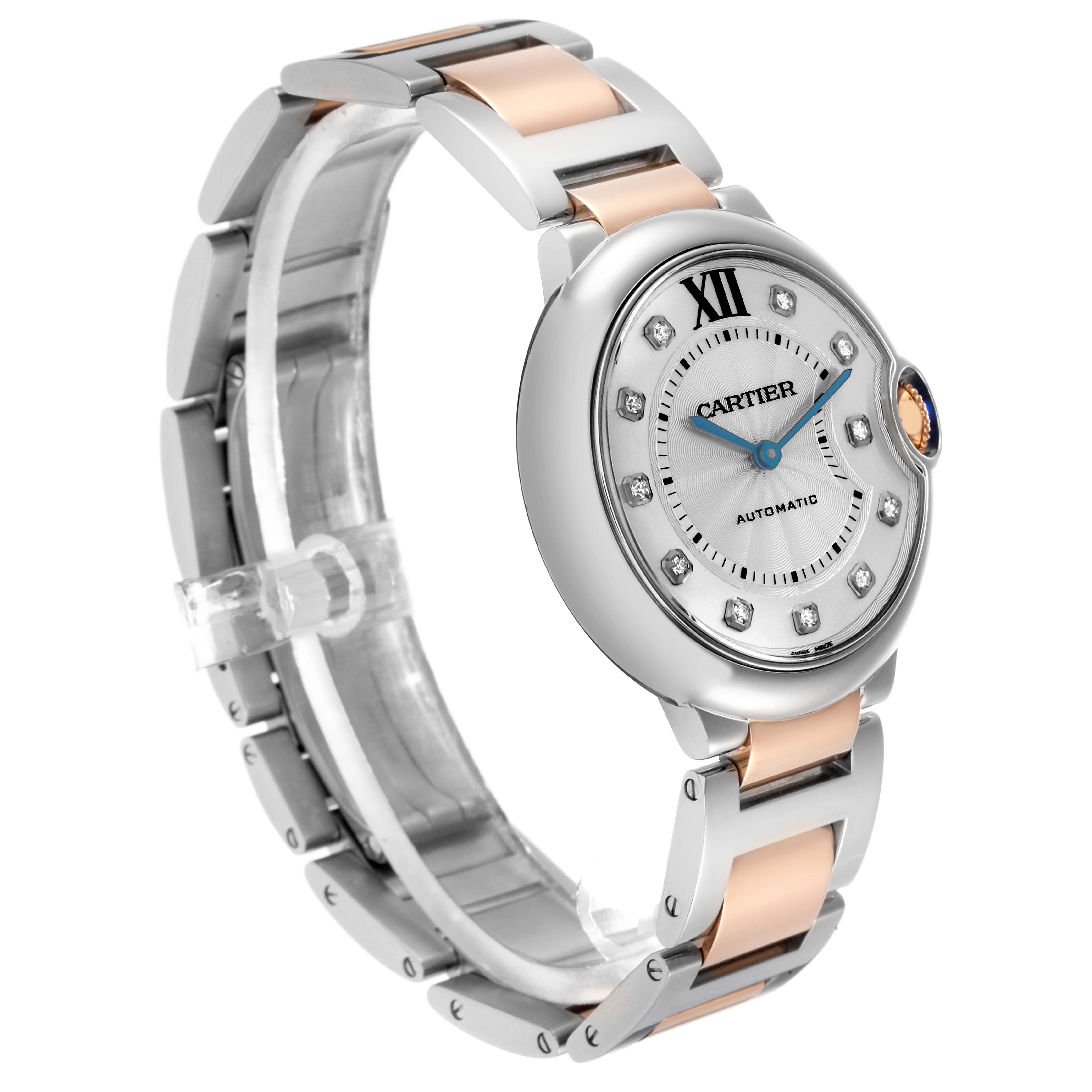 The Cartier Ballon Bleu W3BB0018 Men
s Steel and Gold (two tone) Silver Dial W3BB0018 Men
s Steel and Gold (two tone) Silver Dial watch is shown at an angled side view, highlighting the dial, bracelet, and crown.