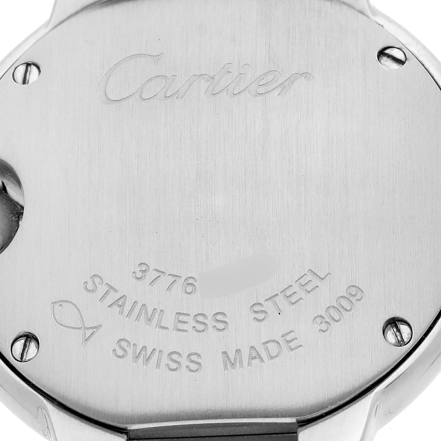 The image shows the back casing of a Cartier Ballon Bleu W69010Z4 Women's Stainless Steel White Dial W69010Z4 Women's Stainless Steel White Dial watch, highlighting its stainless steel material and engravings.