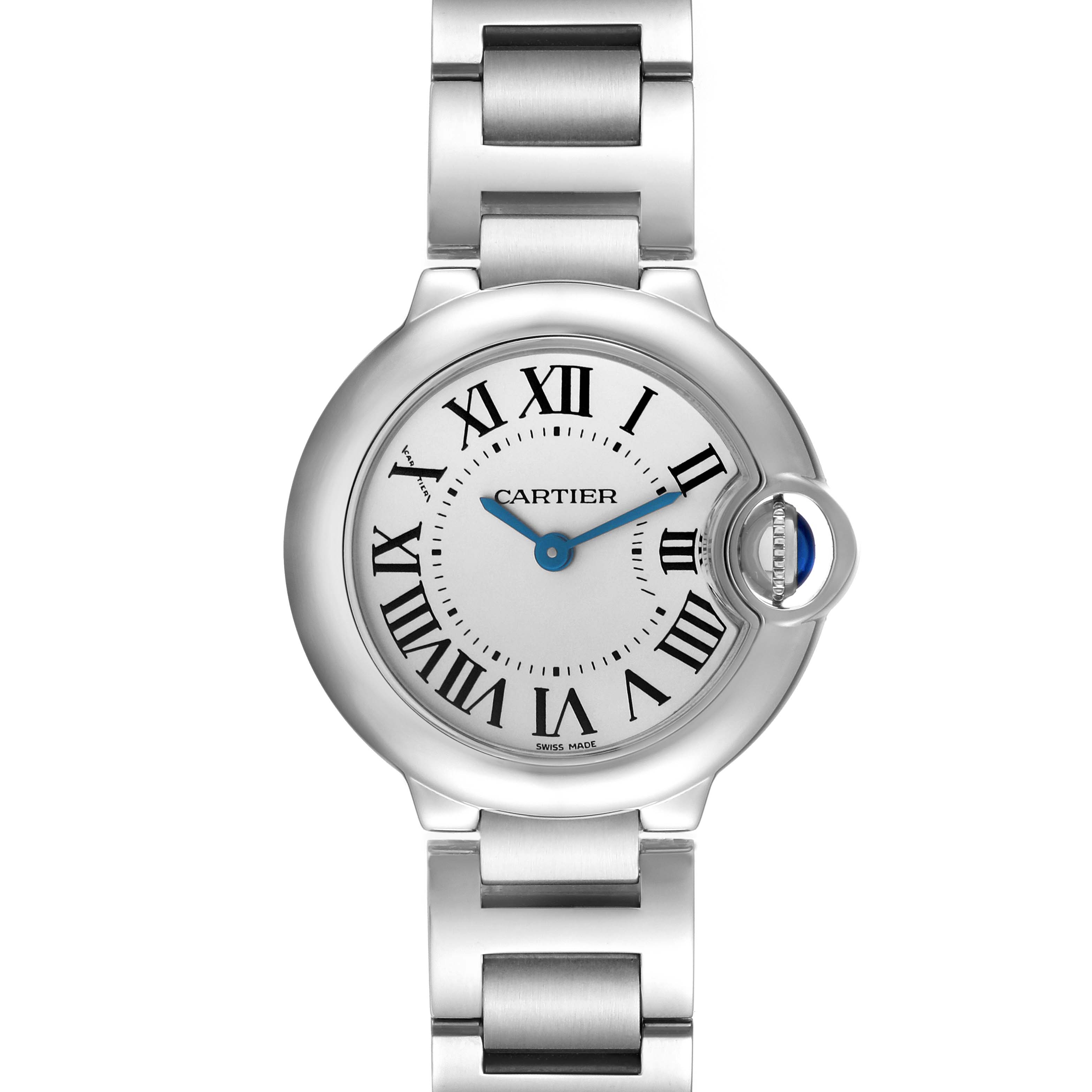 The image shows a front view of the Cartier Ballon Bleu W69010Z4 Women's Stainless Steel White Dial W69010Z4 Women's Stainless Steel White Dial watch, displaying its face, bezel, bracelet, and crown.