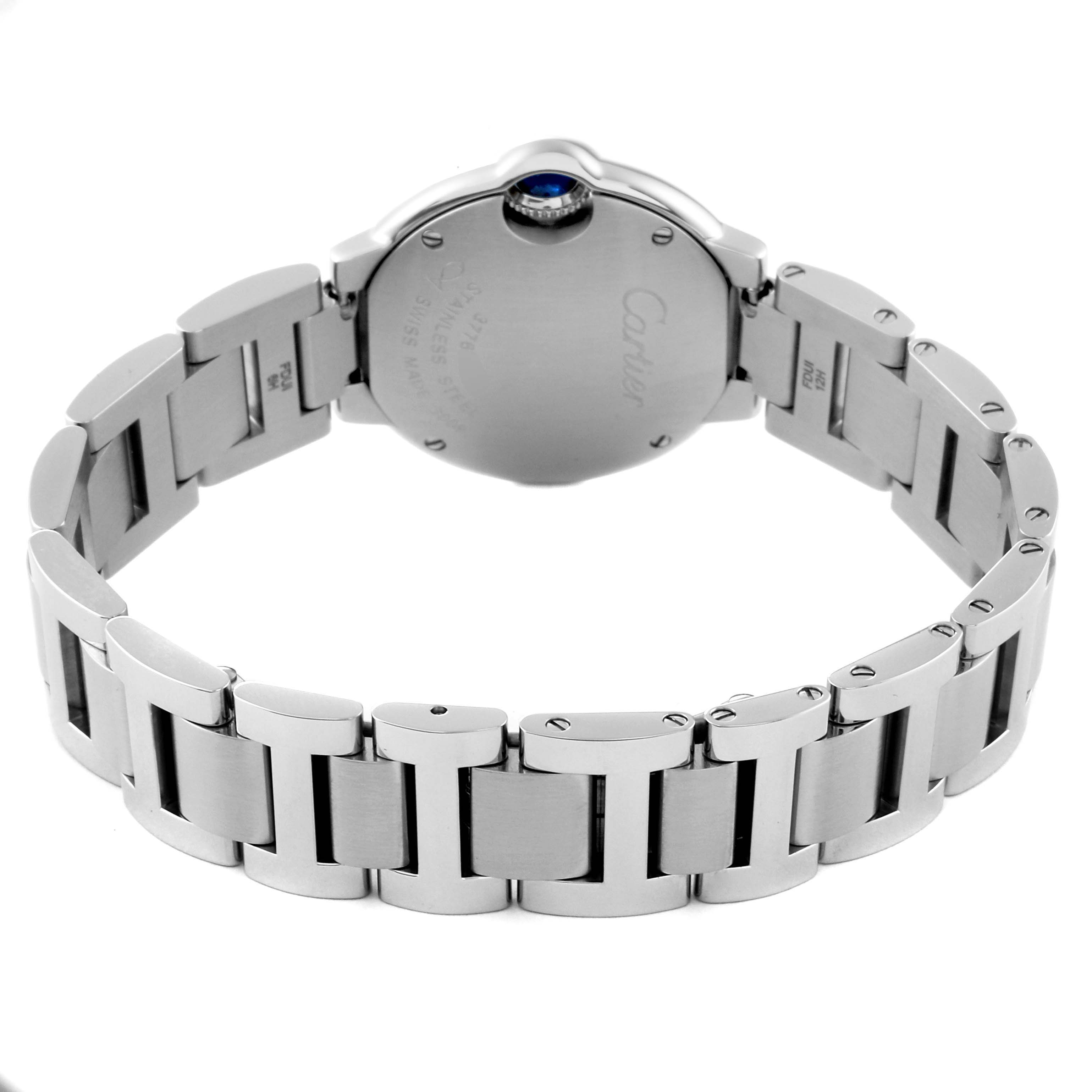 This image shows the back view of a Cartier Ballon Bleu W69010Z4 Women's Stainless Steel White Dial W69010Z4 Women's Stainless Steel White Dial watch, highlighting the bracelet and caseback.