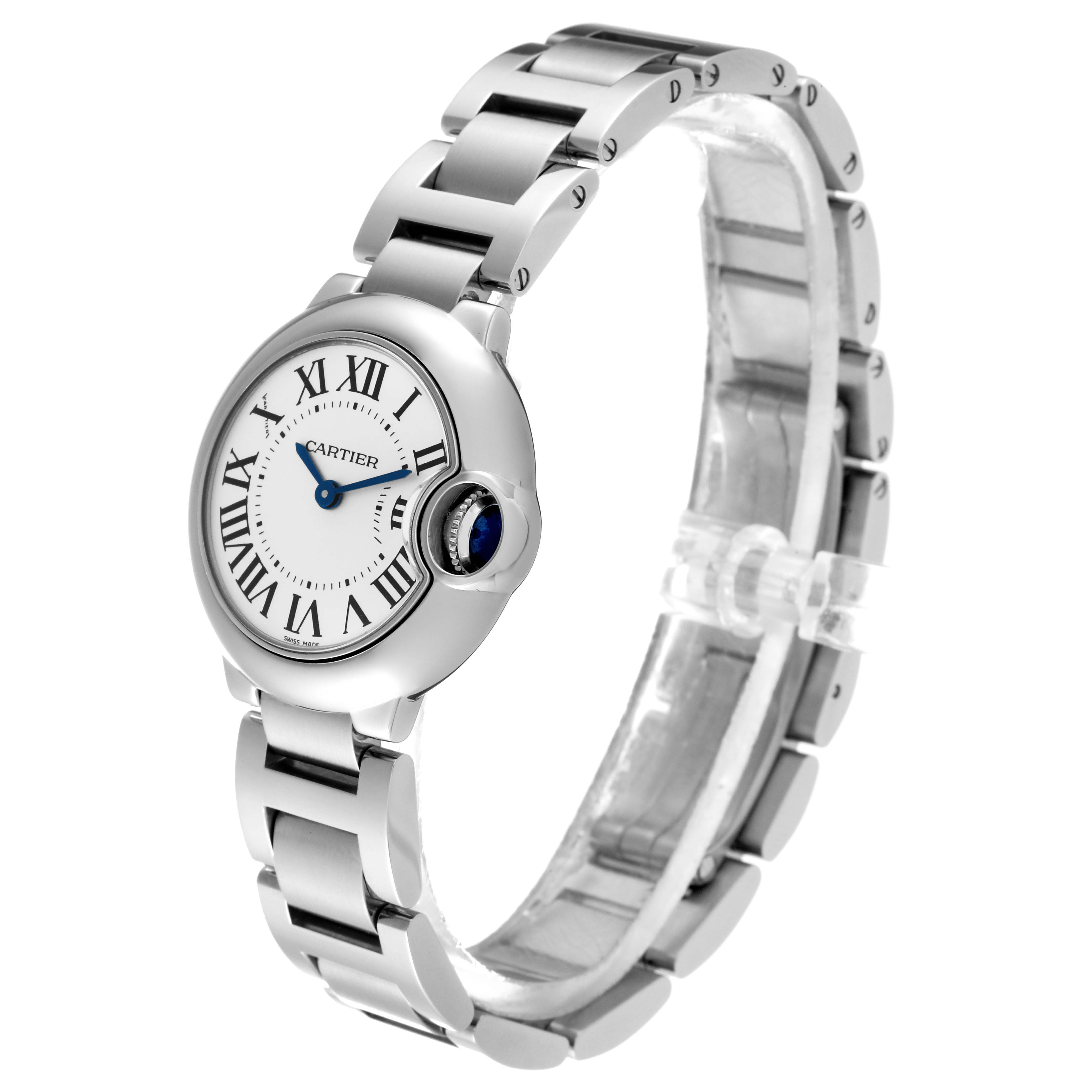 The image shows a Cartier Ballon Bleu W69010Z4 Women's Stainless Steel White Dial W69010Z4 Women's Stainless Steel White Dial watch at a three-quarter angle, highlighting its circular face, Roman numeral dial, and metal bracelet.