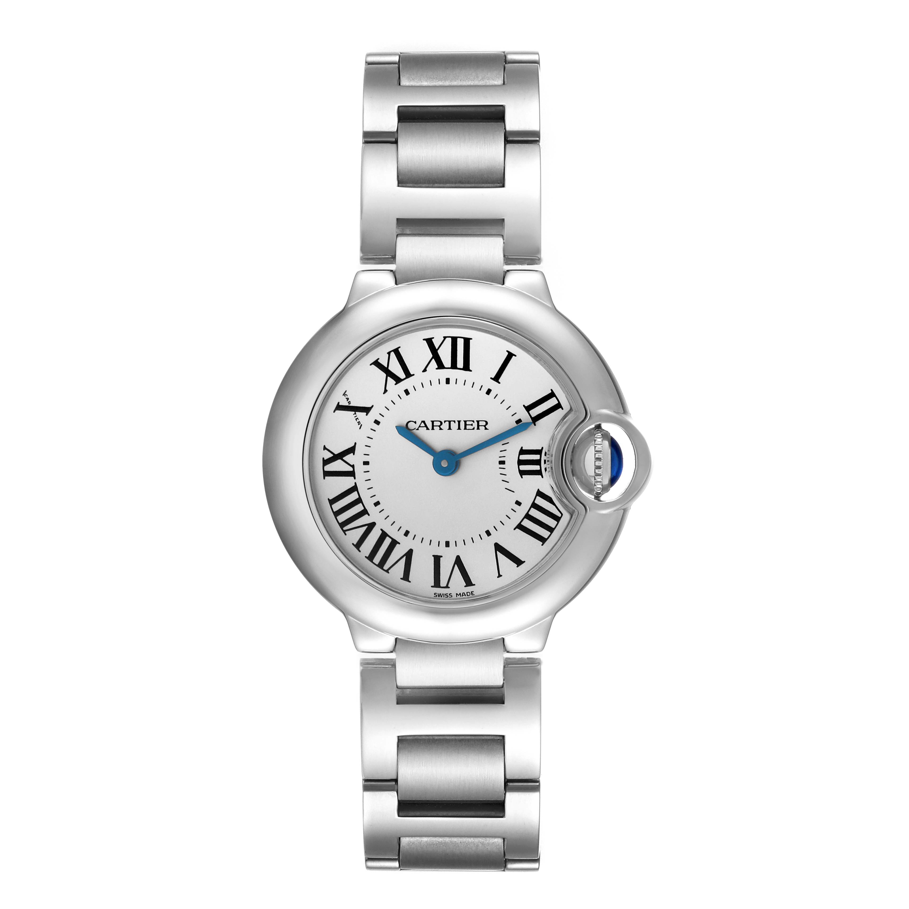 This Cartier Ballon Bleu W69010Z4 Women's Stainless Steel White Dial W69010Z4 Women's Stainless Steel White Dial model watch is shown from the front, highlighting its face, dial, and metal bracelet.