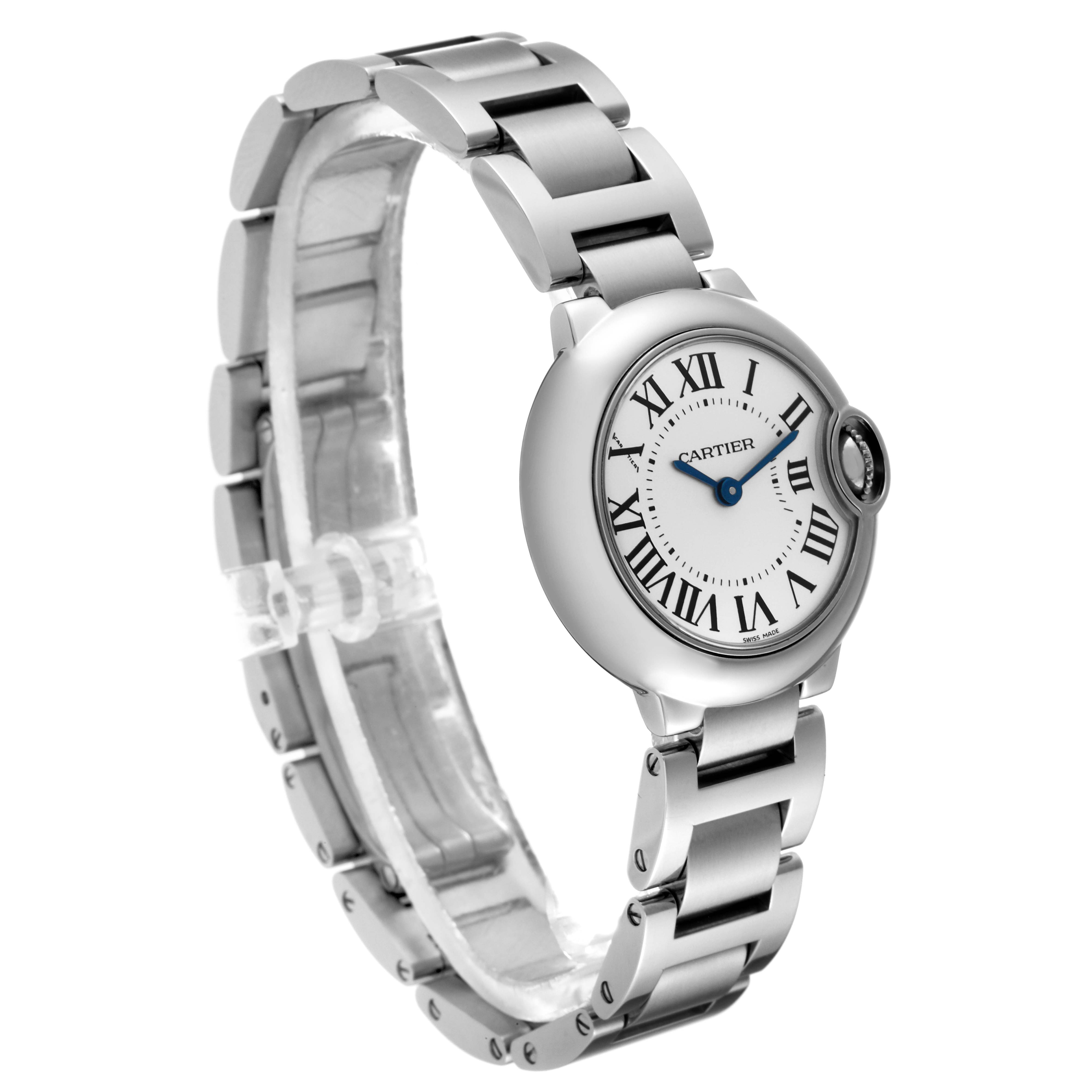 The Cartier Ballon Bleu W69010Z4 Women's Stainless Steel White Dial W69010Z4 Women's Stainless Steel White Dial watch is shown at an angle displaying the face with Roman numerals, blue hands, and the metal bracelet.