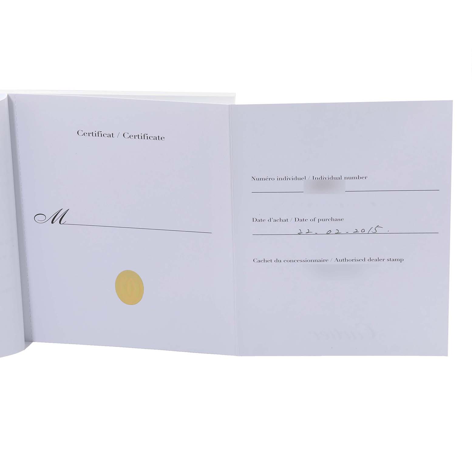 The image shows an open Certificate/Guarantee booklet for a Cartier Ballon Bleu W69010Z4 Women's Stainless Steel White Dial W69010Z4 Women's Stainless Steel White Dial watch.