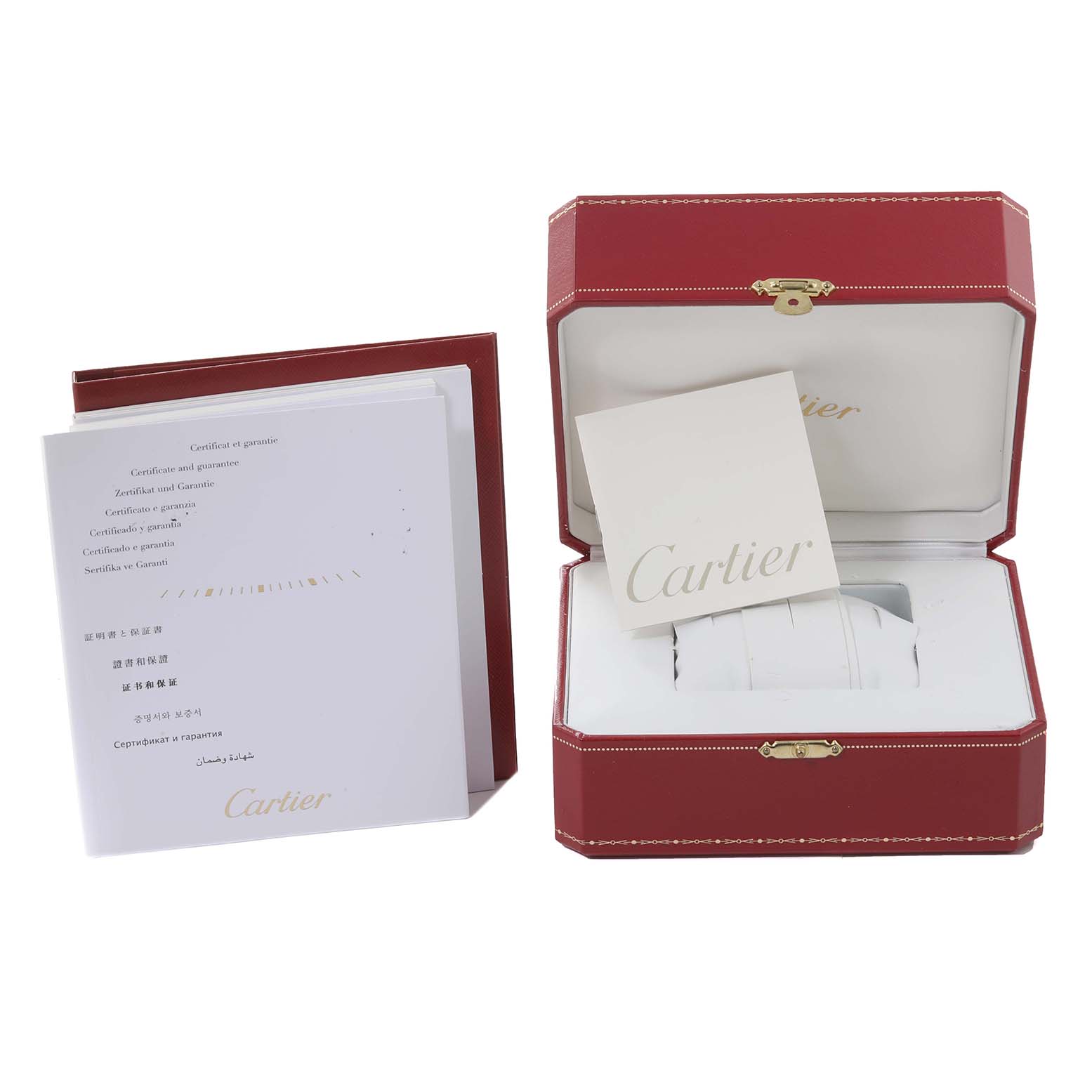 The image shows a Cartier Ballon Bleu W69010Z4 Women's Stainless Steel White Dial W69010Z4 Women's Stainless Steel White Dial watch box, a warranty card, and the instruction manual from a slightly above angle.