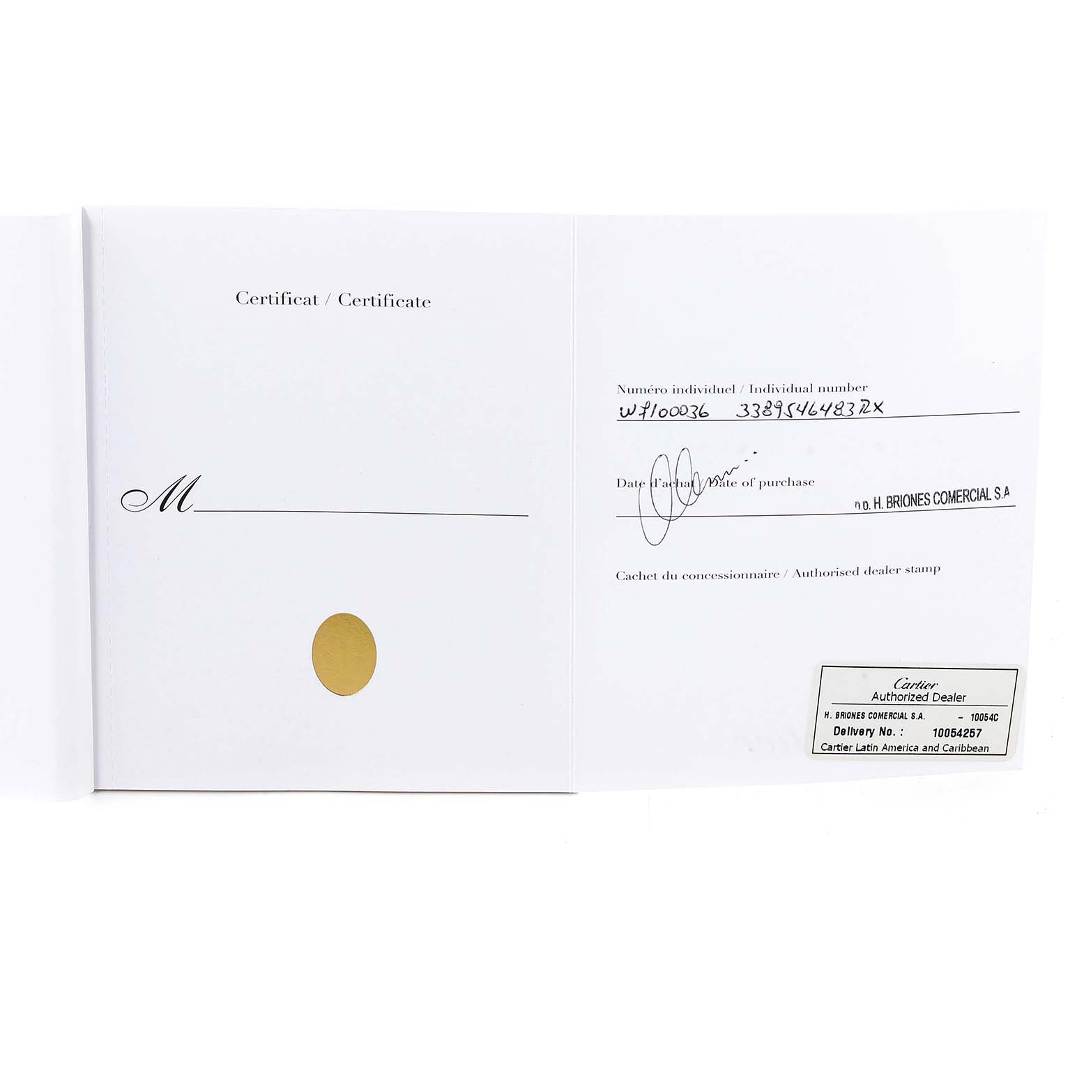 This image shows an open certificate or warranty booklet for a Calibre de Cartier watch by Cartier, displaying purchase and dealer information.