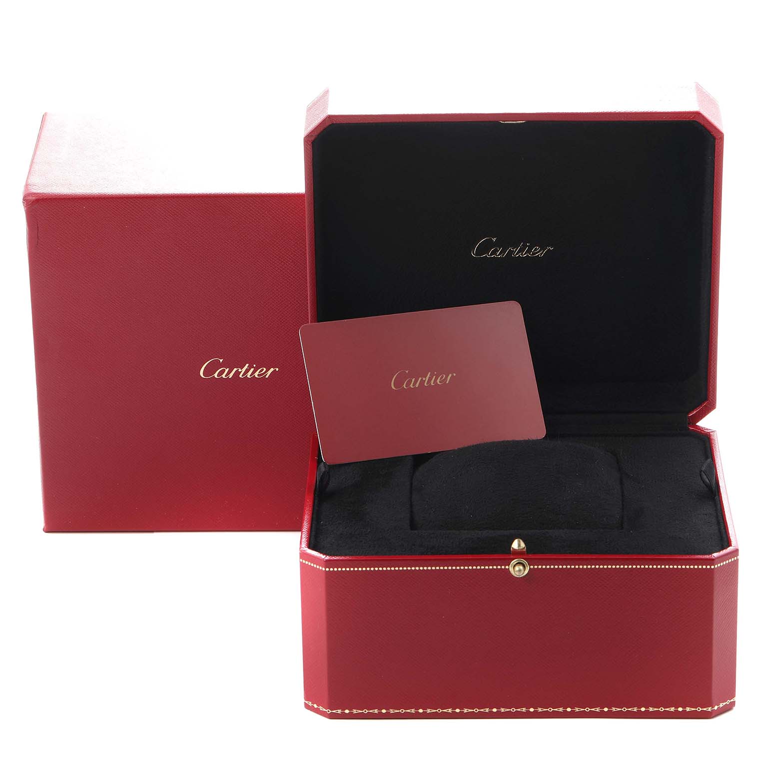 The image shows the Panthere model by Cartier packaging, including the open red box and certificate card.