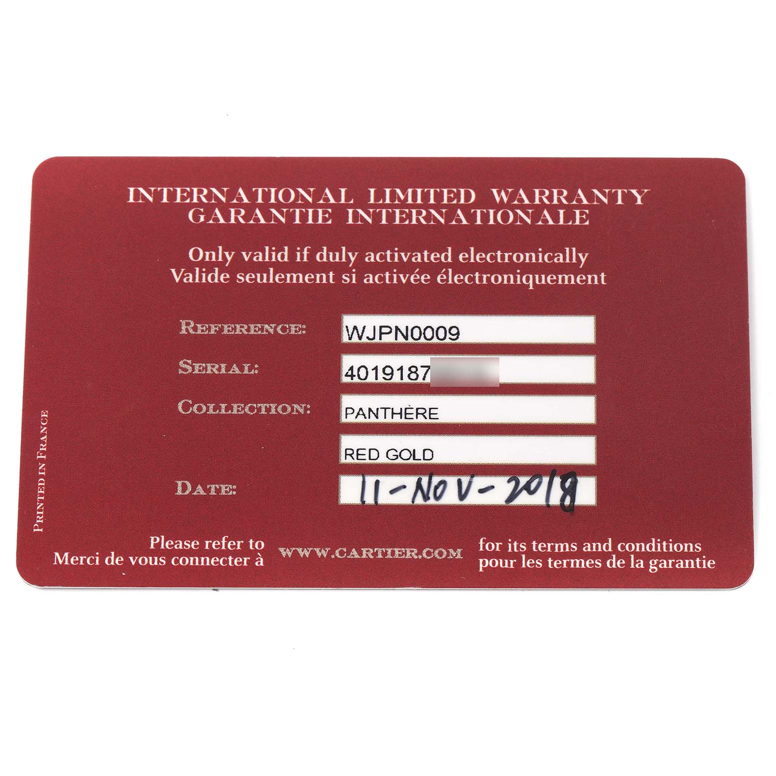 This image shows the warranty card for the Panthère model by Cartier, displaying reference, serial, and collection details.