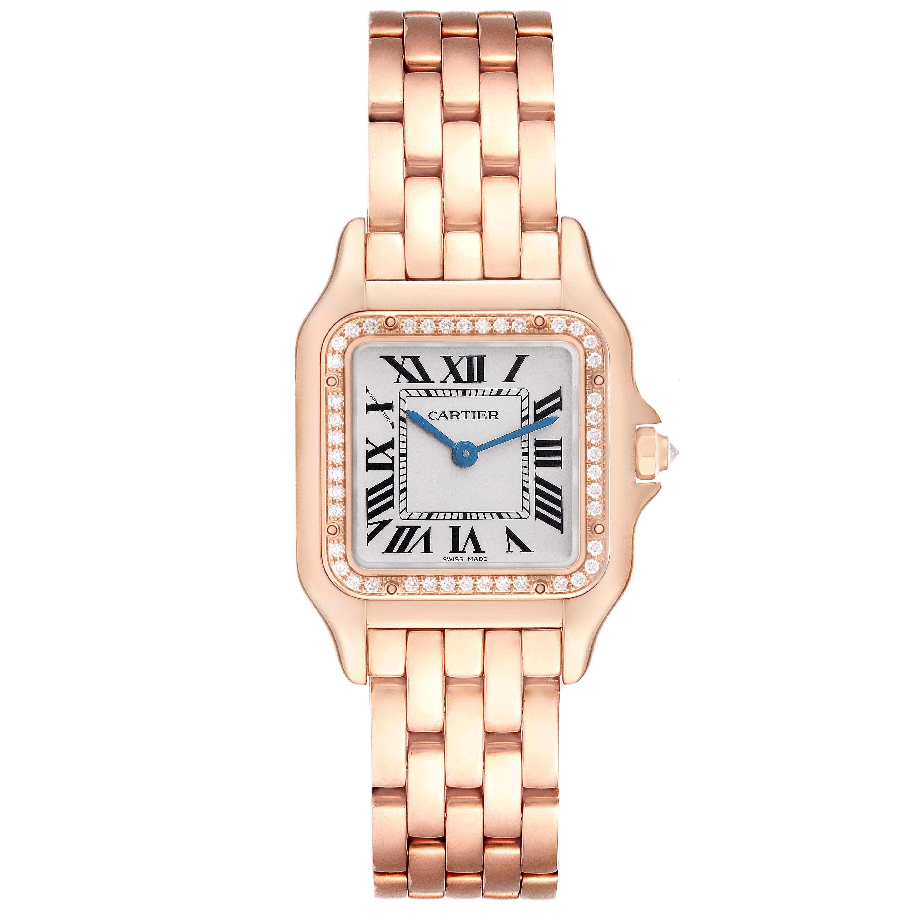 The Cartier Panthère watch is shown from a top-down angle, highlighting its face, bezel, and bracelet.