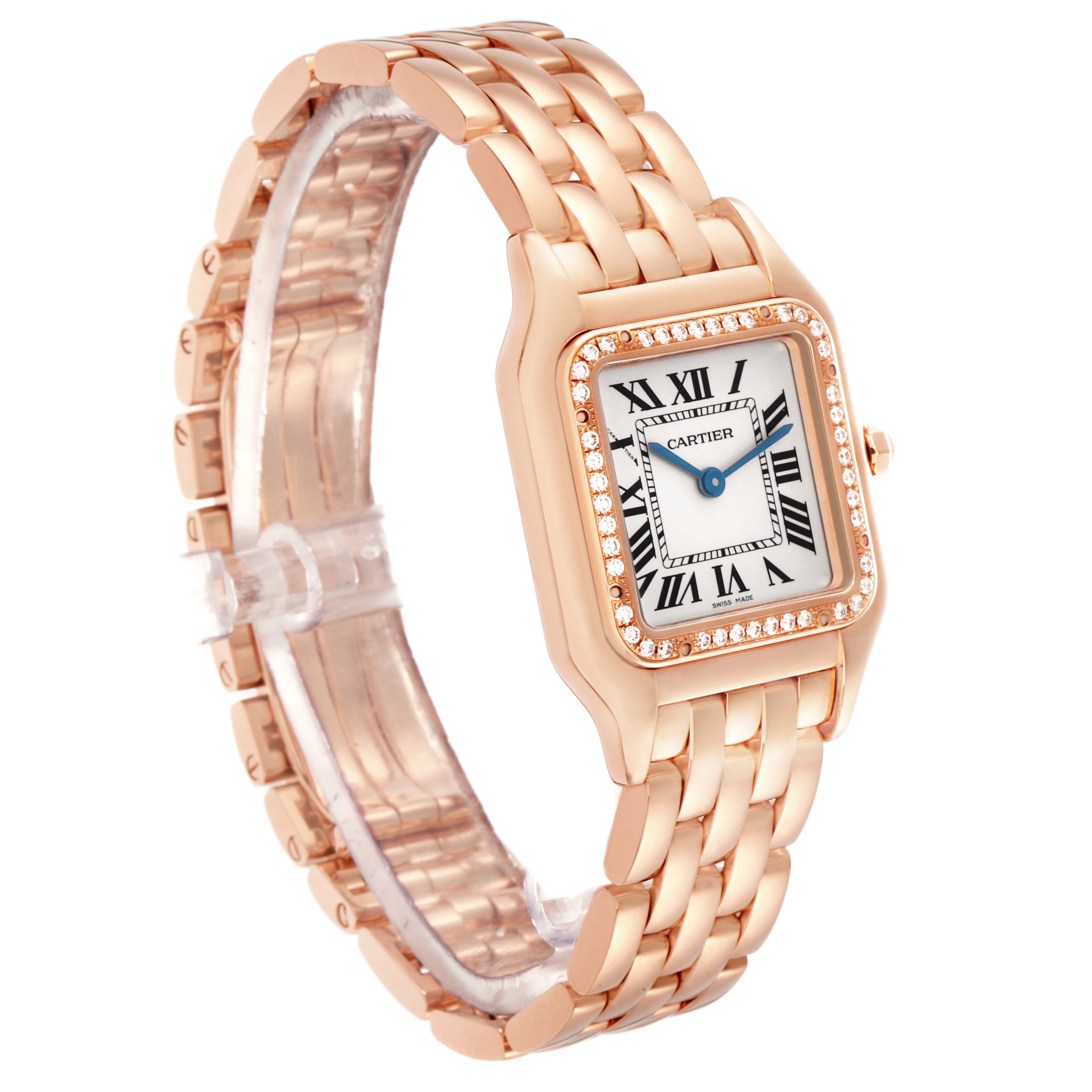 The Cartier Panthere WJPN0009 Women's Rose Gold Silver Dial watch is shown at an angled side view, highlighting its linked bracelet and diamond-set bezel.