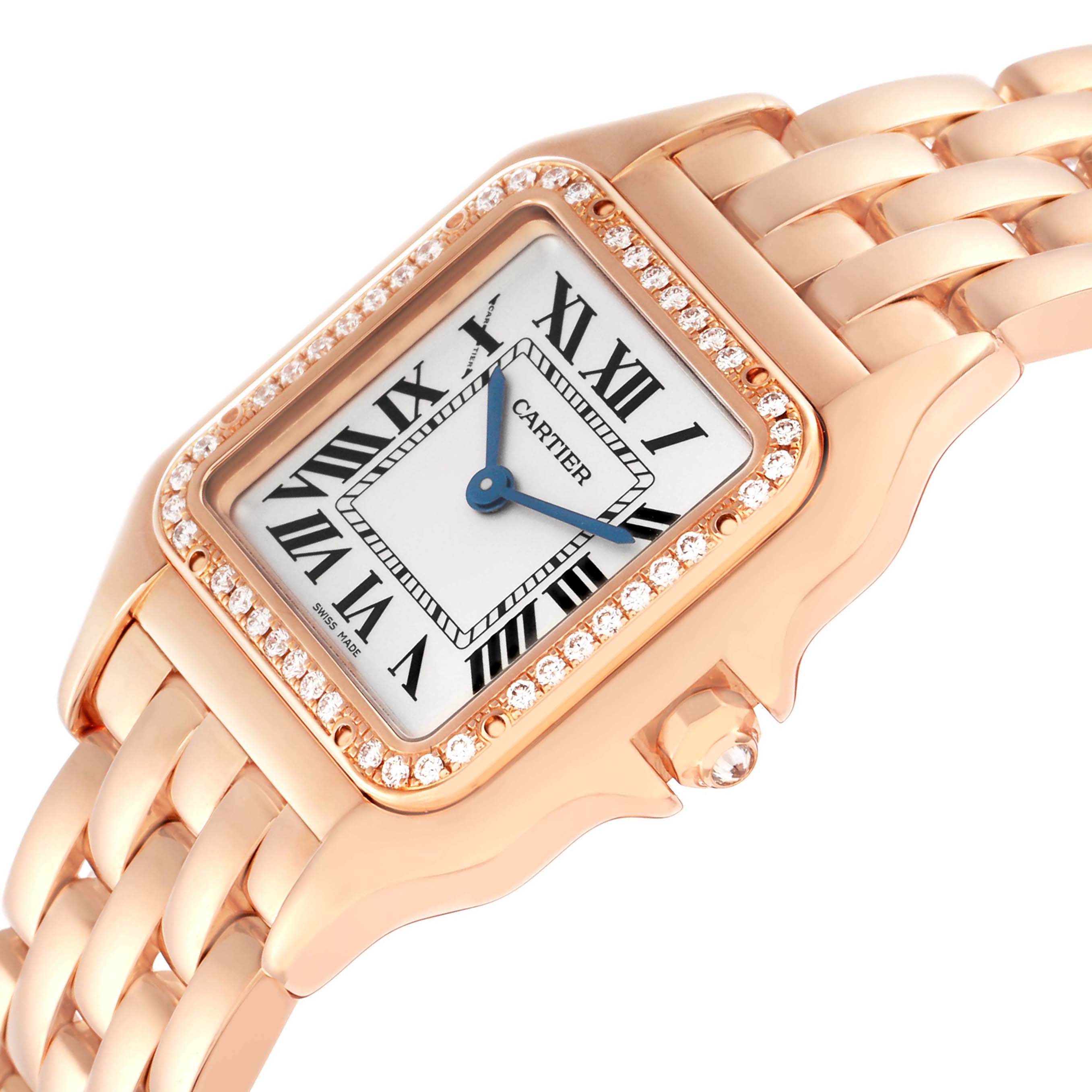 The image shows the Cartier Panthere WJPN0009 Women's Rose Gold Silver Dial watch at a slight angle, highlighting its rose gold case, diamond bezel, and Roman numeral dial.