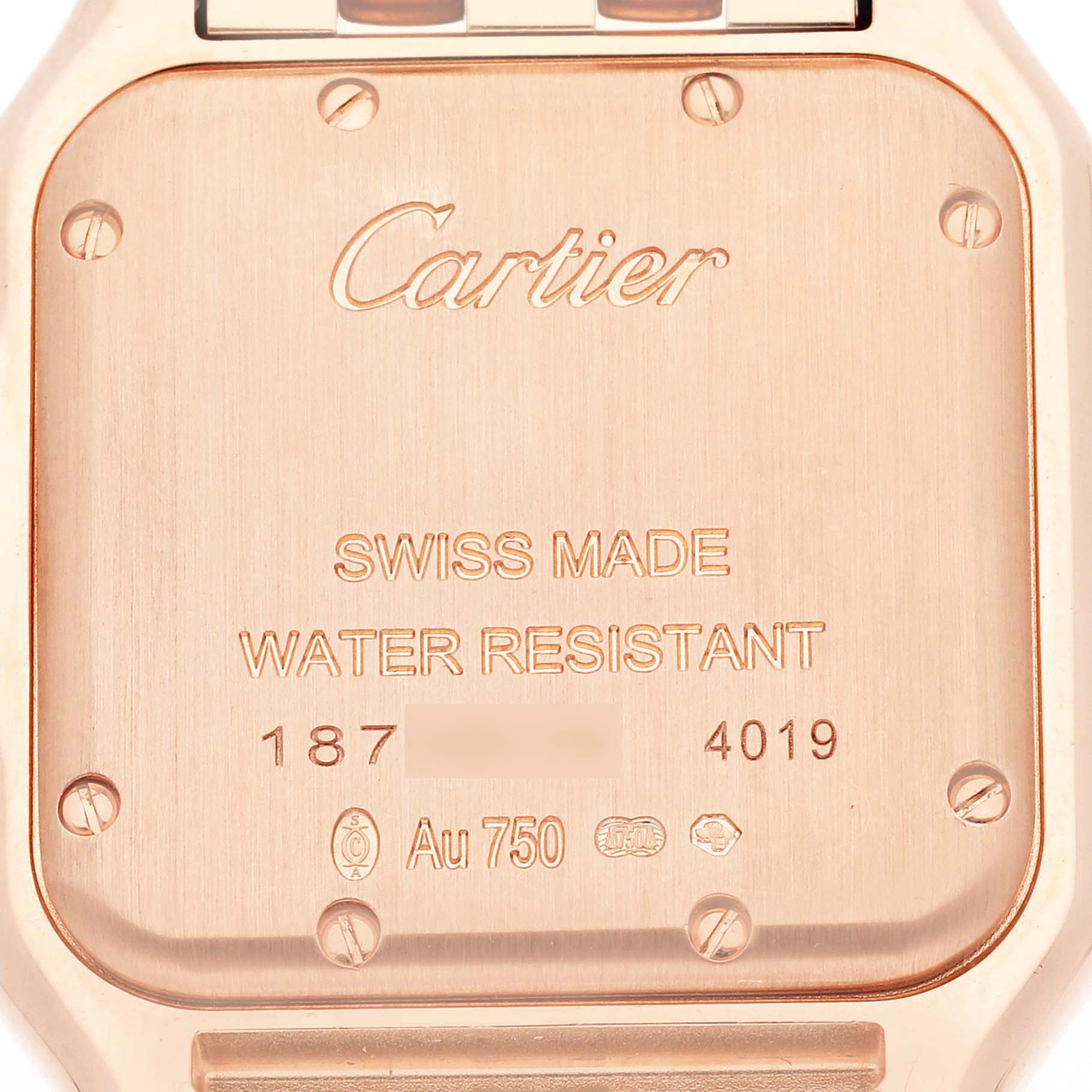 The image shows the back case of a Cartier Panthère watch, featuring branding and specifications engraved.
