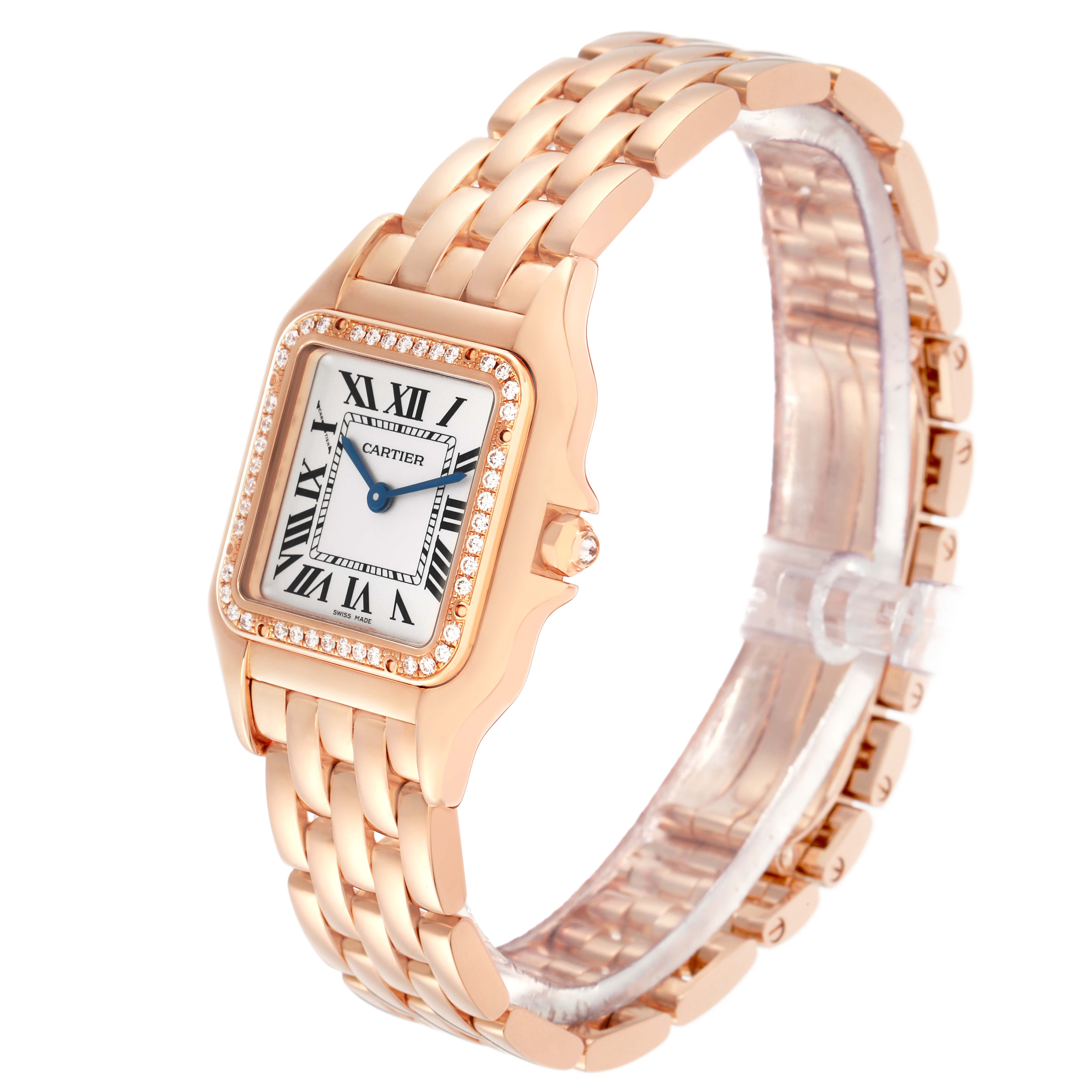 The Cartier Panthere WJPN0009 Women
s Rose Gold Silver Dial WJPN0009 Women
s Rose Gold Silver Dial watch is shown from a front-left angle, highlighting the bracelet, case, and diamond-set bezel.