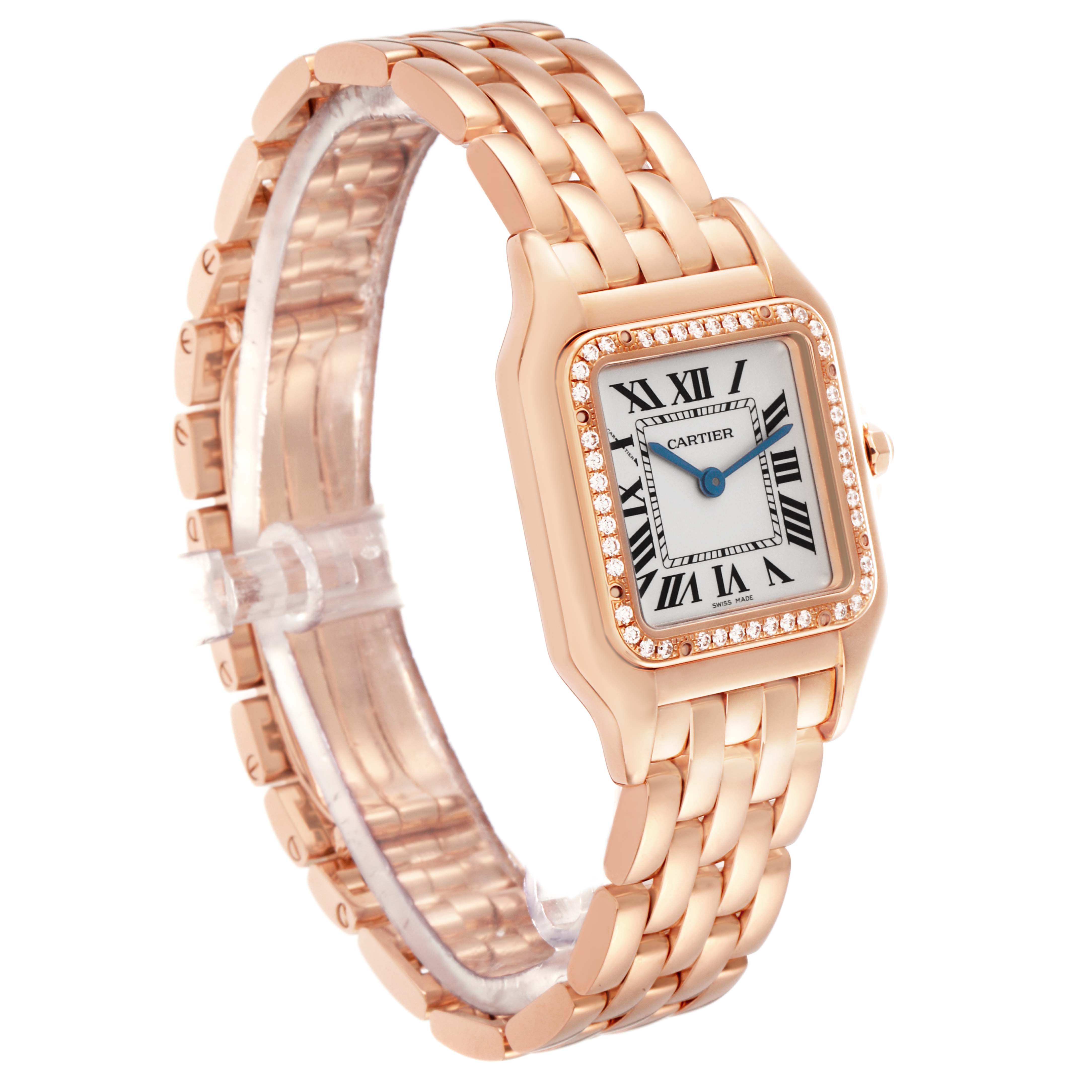 The Cartier Panthere WJPN0009 Women
s Rose Gold Silver Dial WJPN0009 Women
s Rose Gold Silver Dial watch is shown at an angle highlighting the face, bracelet, and diamond bezel.