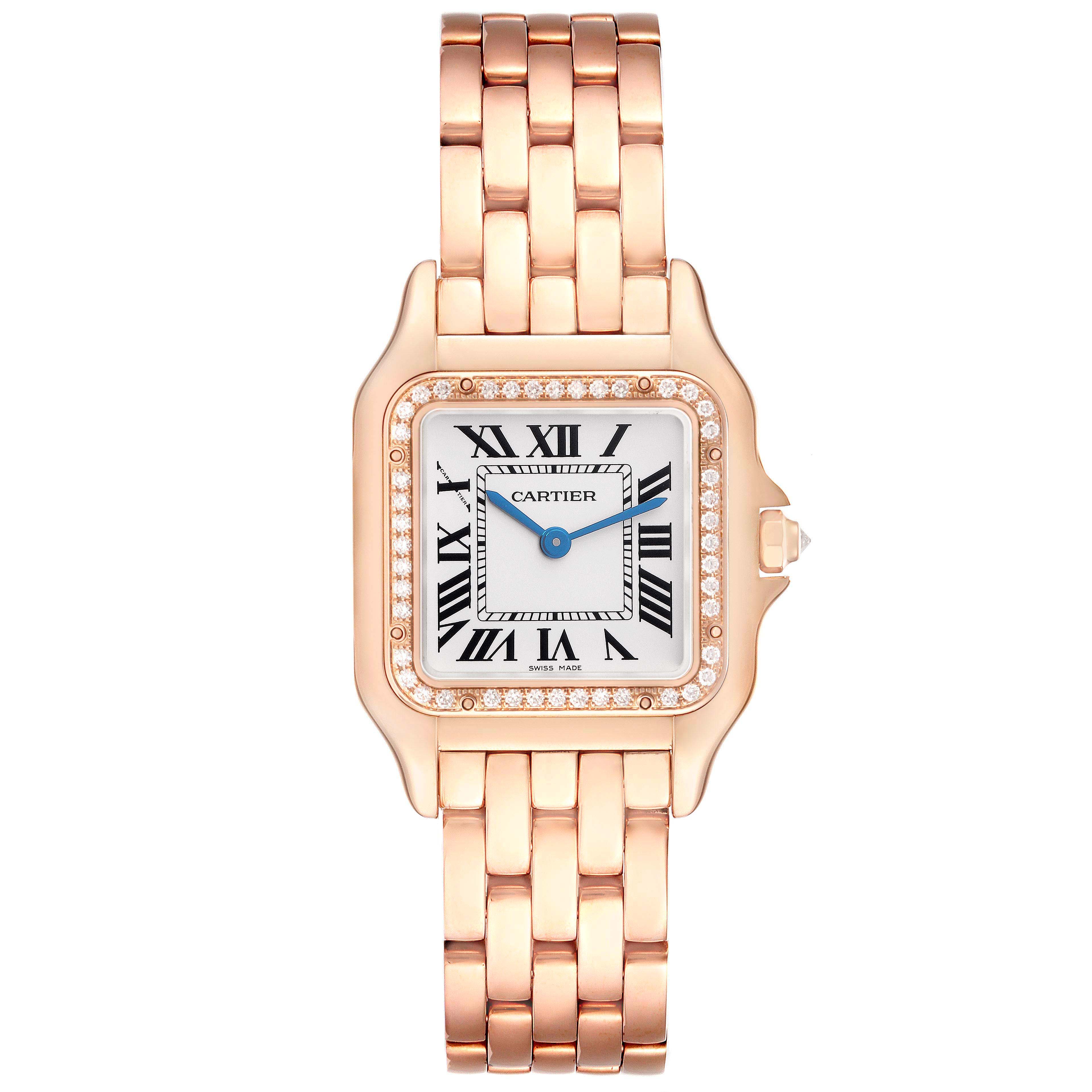 The Cartier Panthere WJPN0009 Women's Rose Gold Silver Dial watch is shown from the front, highlighting its square face, Roman numerals, diamond bezel, and gold bracelet.