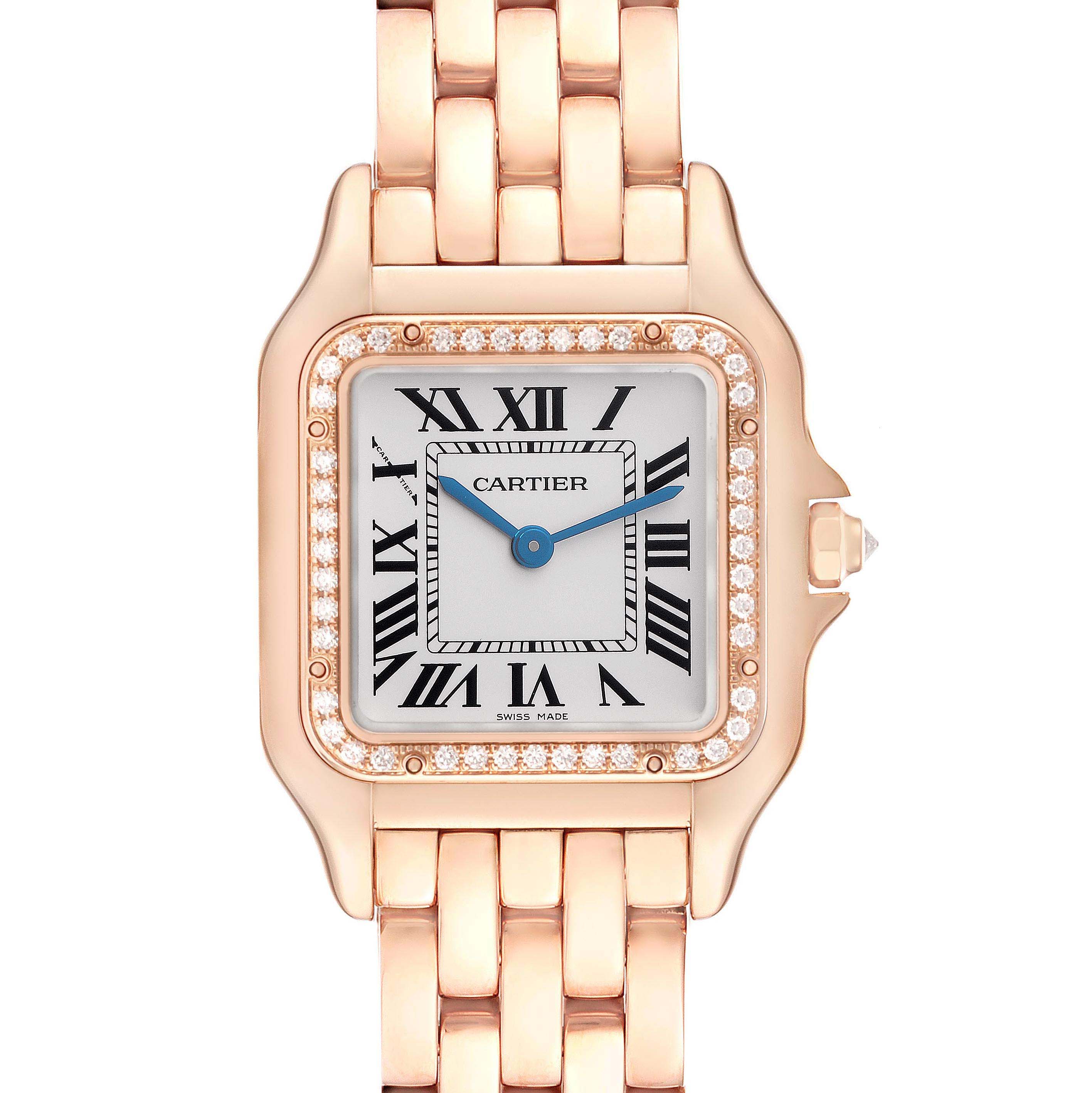 The Cartier Panthere WJPN0009 Women
s Rose Gold Silver Dial WJPN0009 Women
s Rose Gold Silver Dial watch is shown front-facing, highlighting its square face, diamond bezel, and gold bracelet.