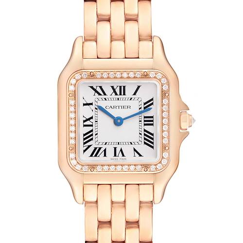 The Cartier Panthere WJPN0009 Women's Rose Gold Silver Dial watch is shown from a top-down angle, highlighting its face, bezel, and bracelet.