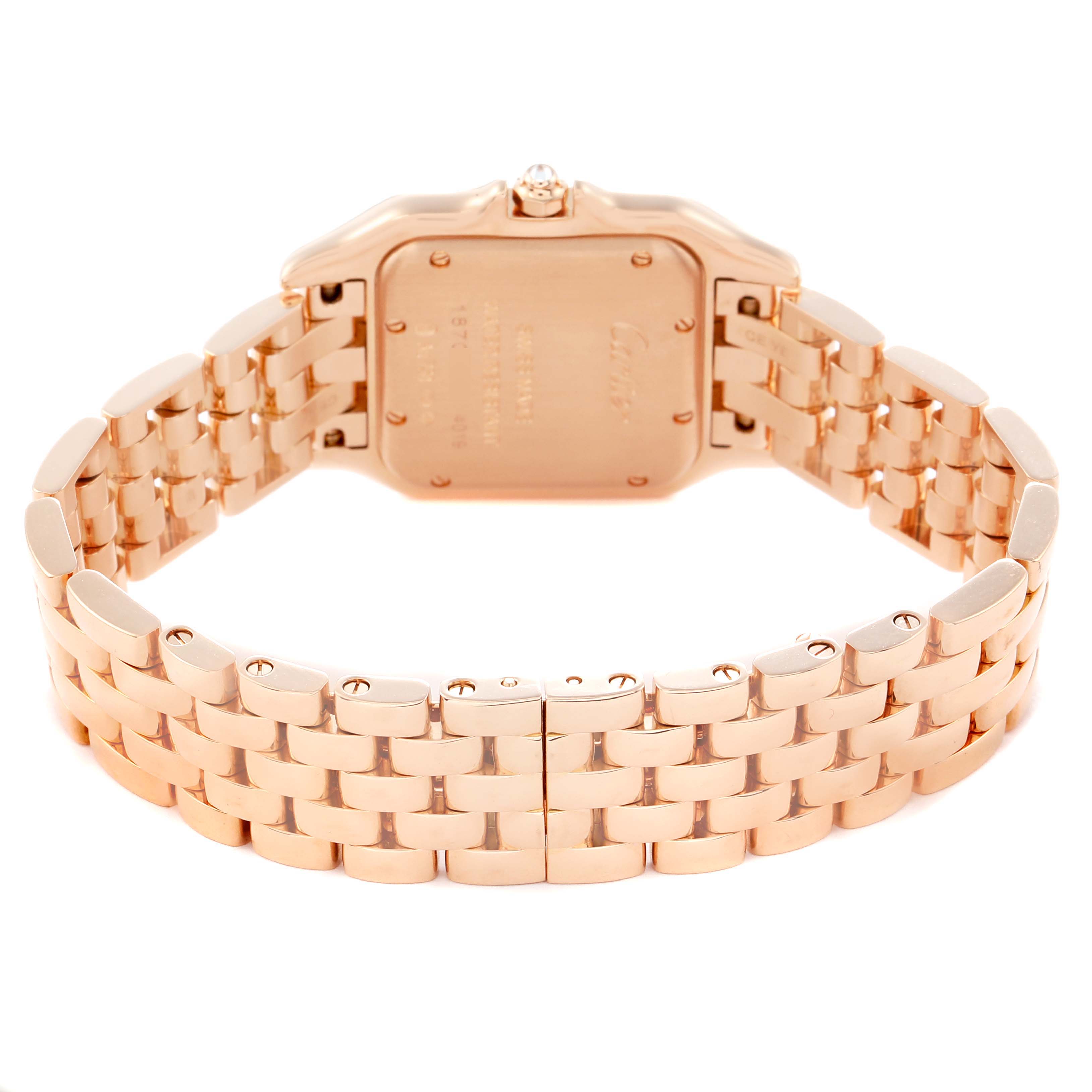 The image shows the back of a Cartier Panthere WJPN0009 Women
s Rose Gold Silver Dial WJPN0009 Women
s Rose Gold Silver Dial watch, highlighting its linked bracelet and case back.