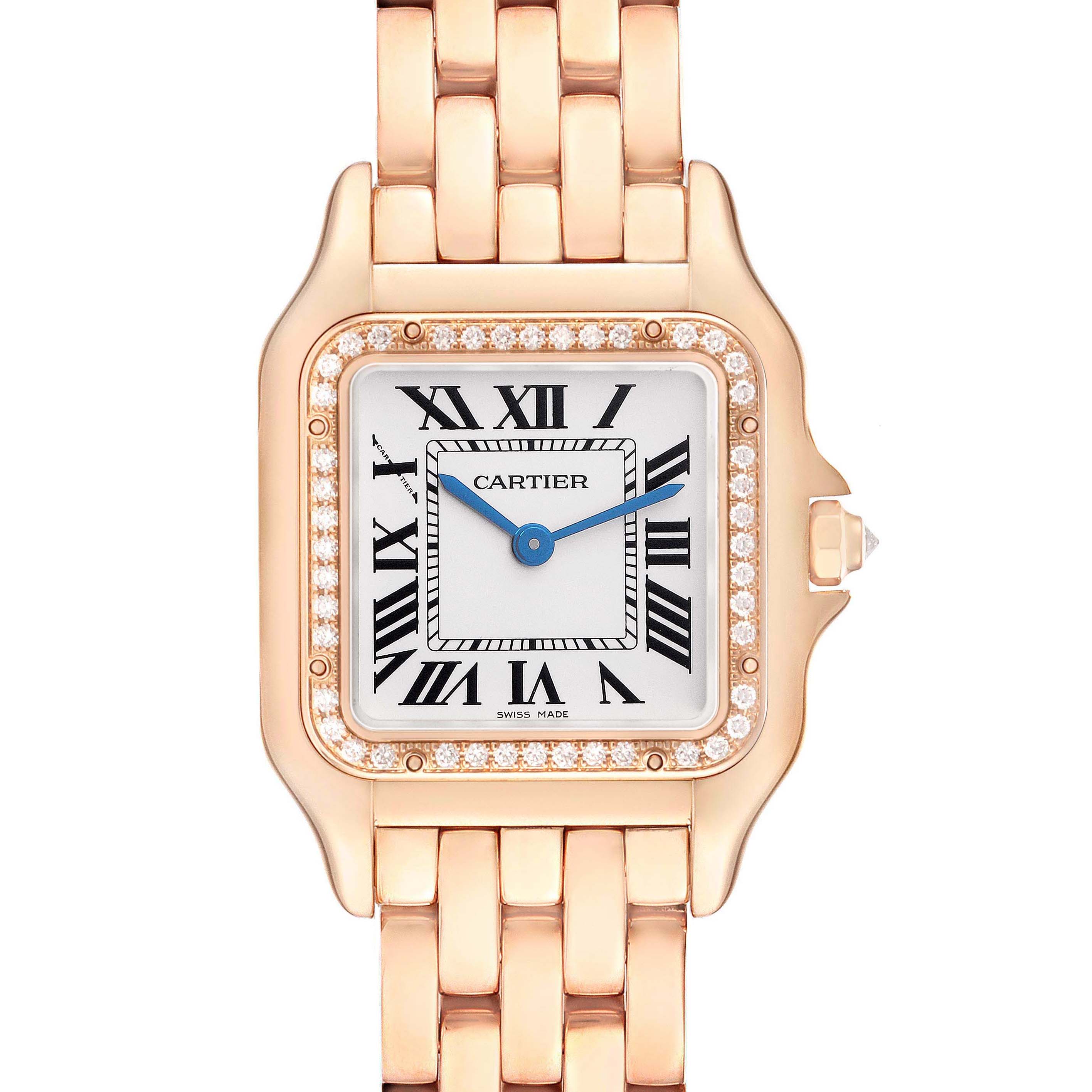 The Cartier Panthère watch is shown from a front angle, highlighting its square face, Roman numerals, and bracelet.