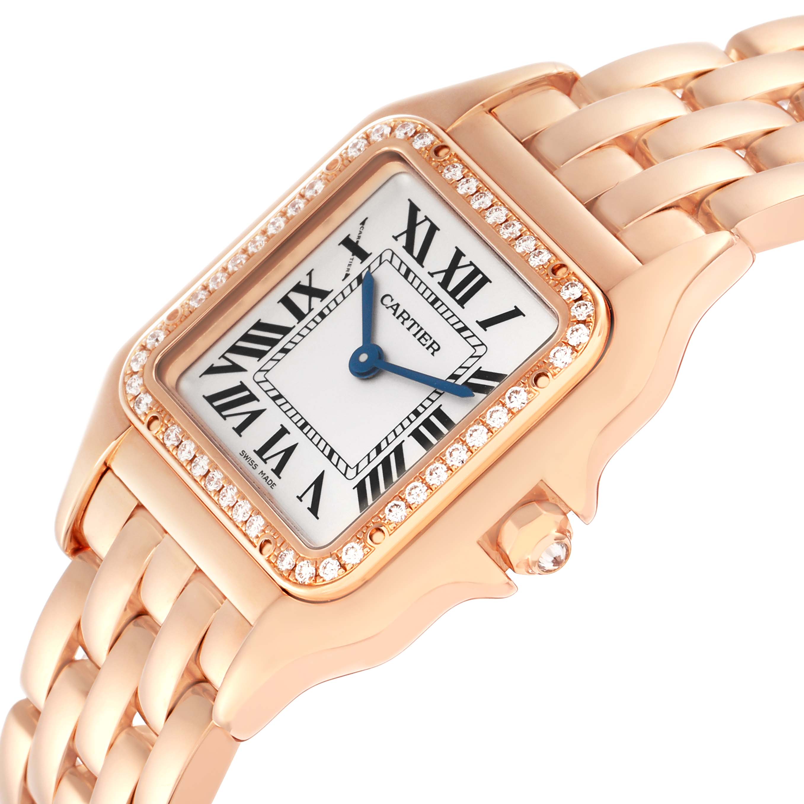 The Cartier Panthere WJPN0009 Women
s Rose Gold Silver Dial WJPN0009 Women
s Rose Gold Silver Dial watch is shown from a tilted angle, highlighting the face, Roman numerals, diamond bezel, and bracelet.
