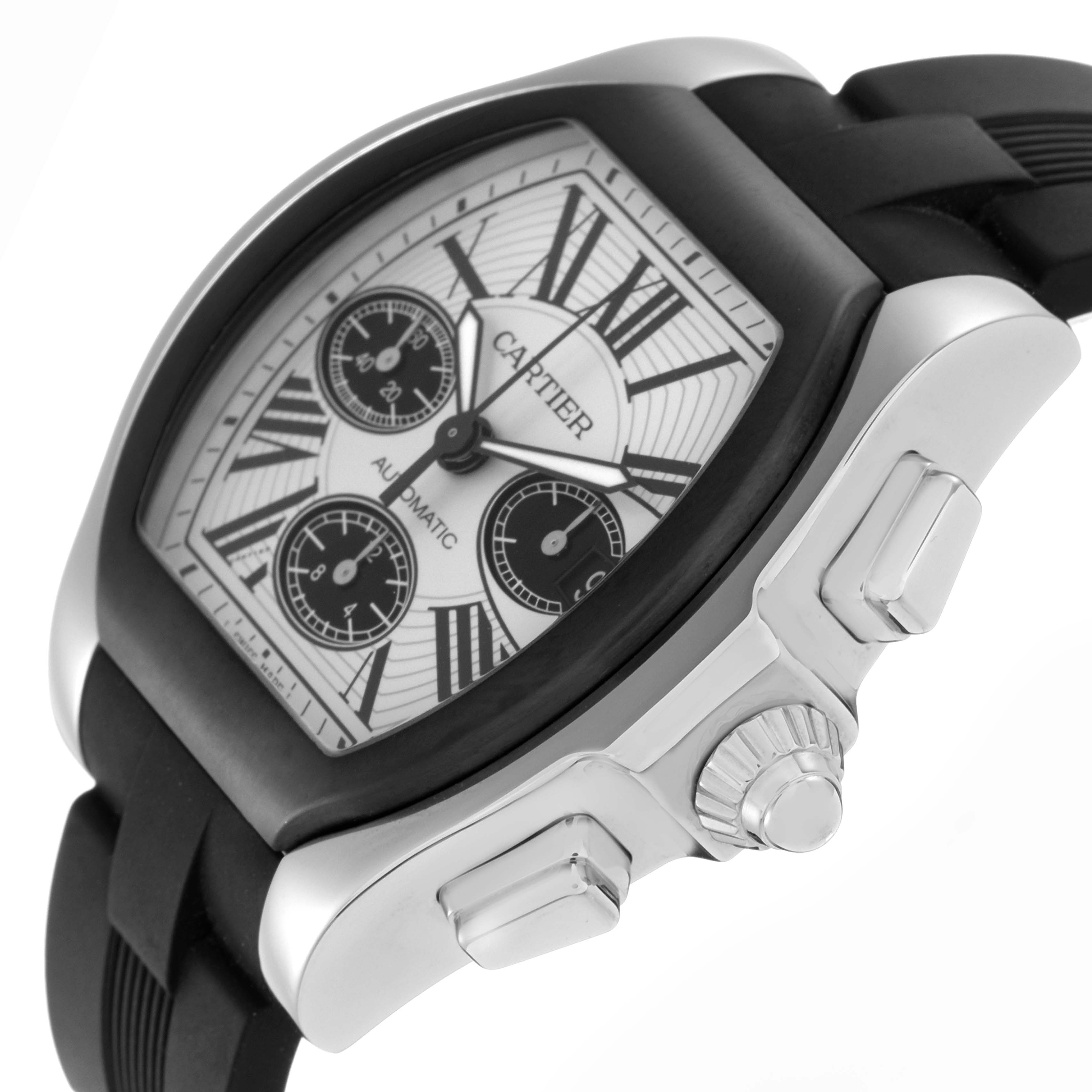 The Cartier Roadster W6206020 Men
s Stainless Steel Silver Dial W6206020 Men
s Stainless Steel Silver Dial watch is shown at an angle highlighting the dial, crown, pushers, and part of the strap.