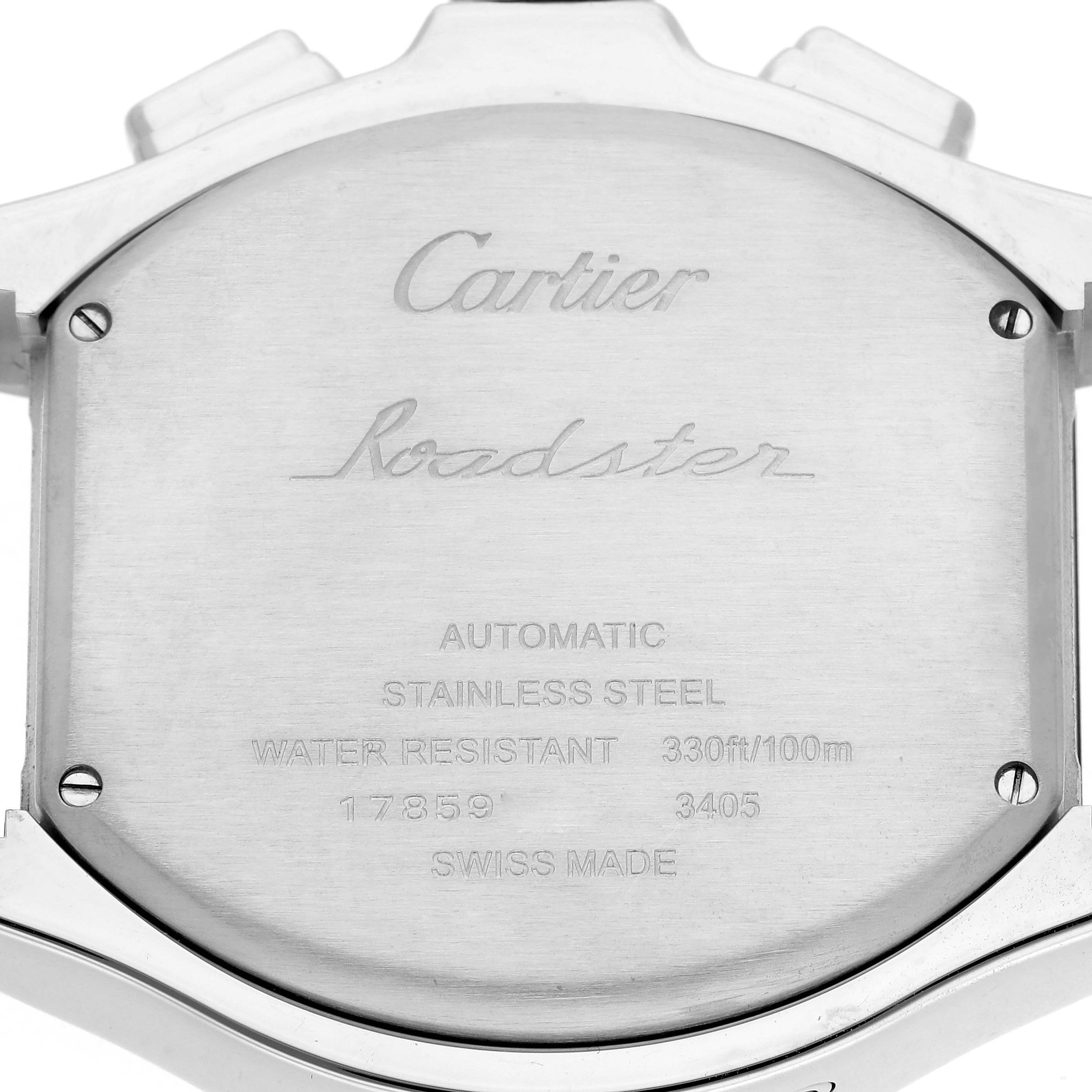 The image shows the back of a Cartier Roadster W6206020 Men
s Stainless Steel Silver Dial W6206020 Men
s Stainless Steel Silver Dial watch, highlighting engraving details and construction specs.