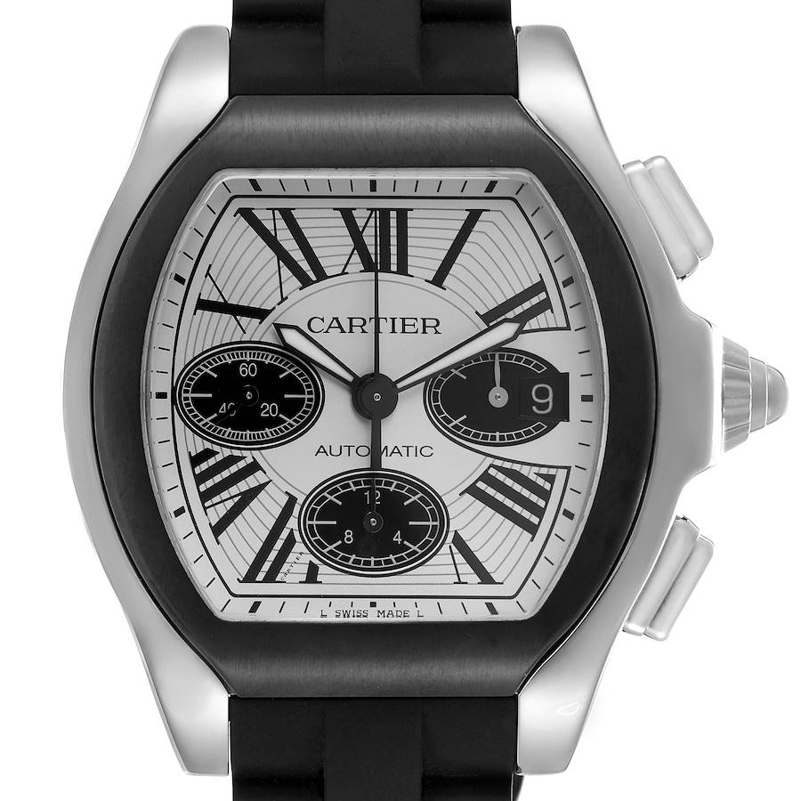 The Cartier Roadster watch is shown from a front angle, displaying the face, Roman numerals, chronograph dials, and date window.